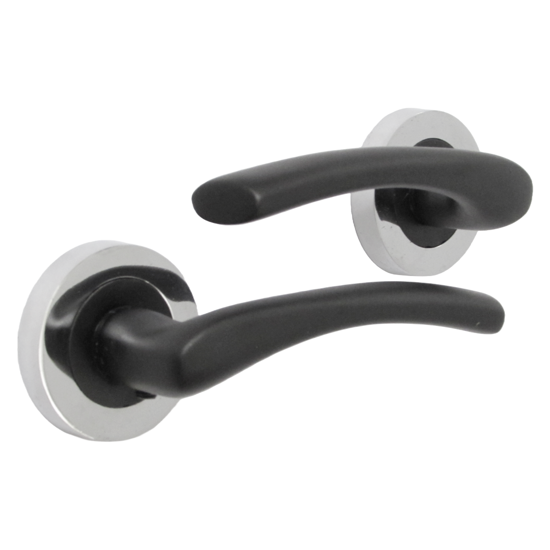 Zena Door Handle Modern Design Matt Black Lever on Chrome Rose Internal + Latch