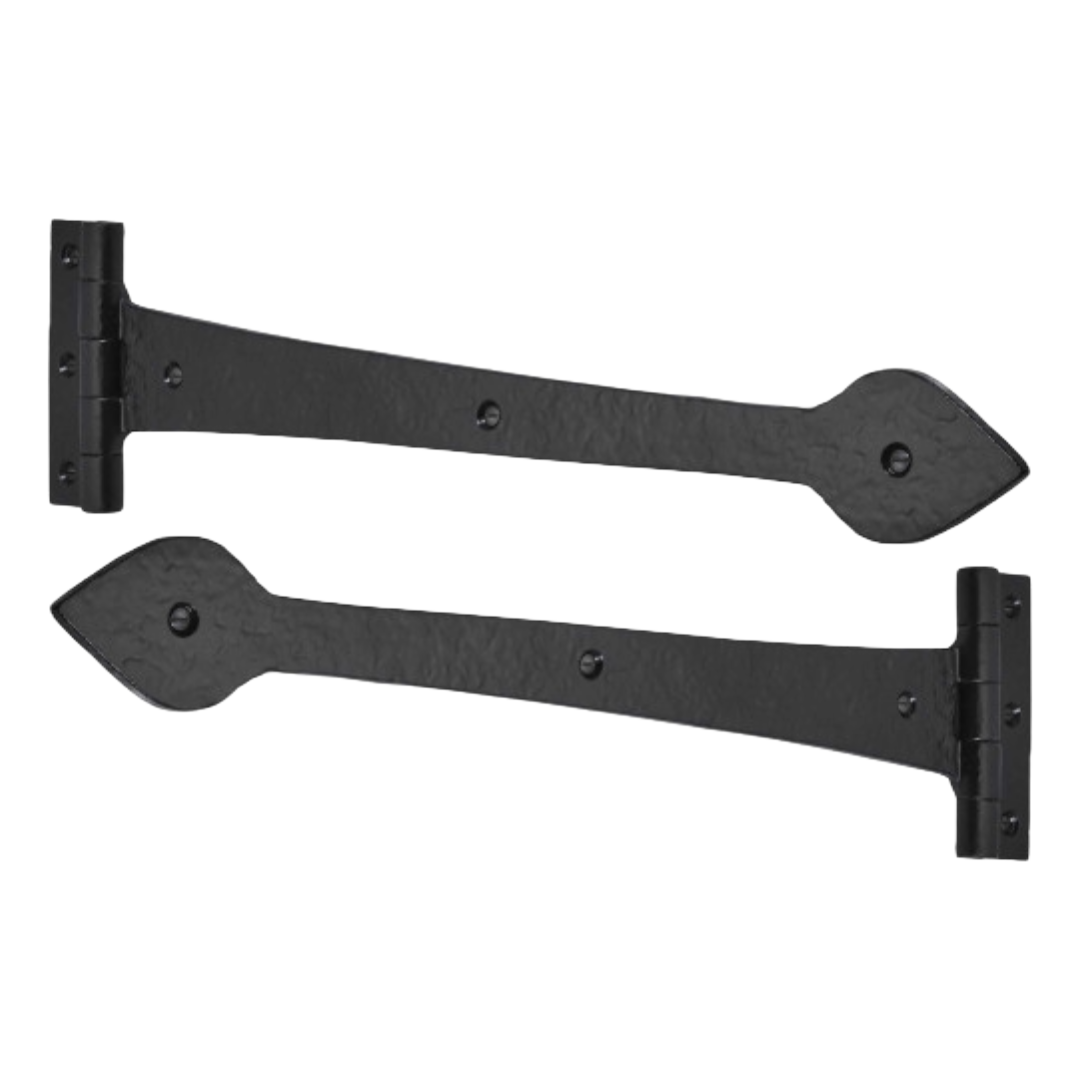Cast Iron 9" 229mm Black Tudor Heavy Door Gate Tee Hinges Spear Head Leaf PAIR