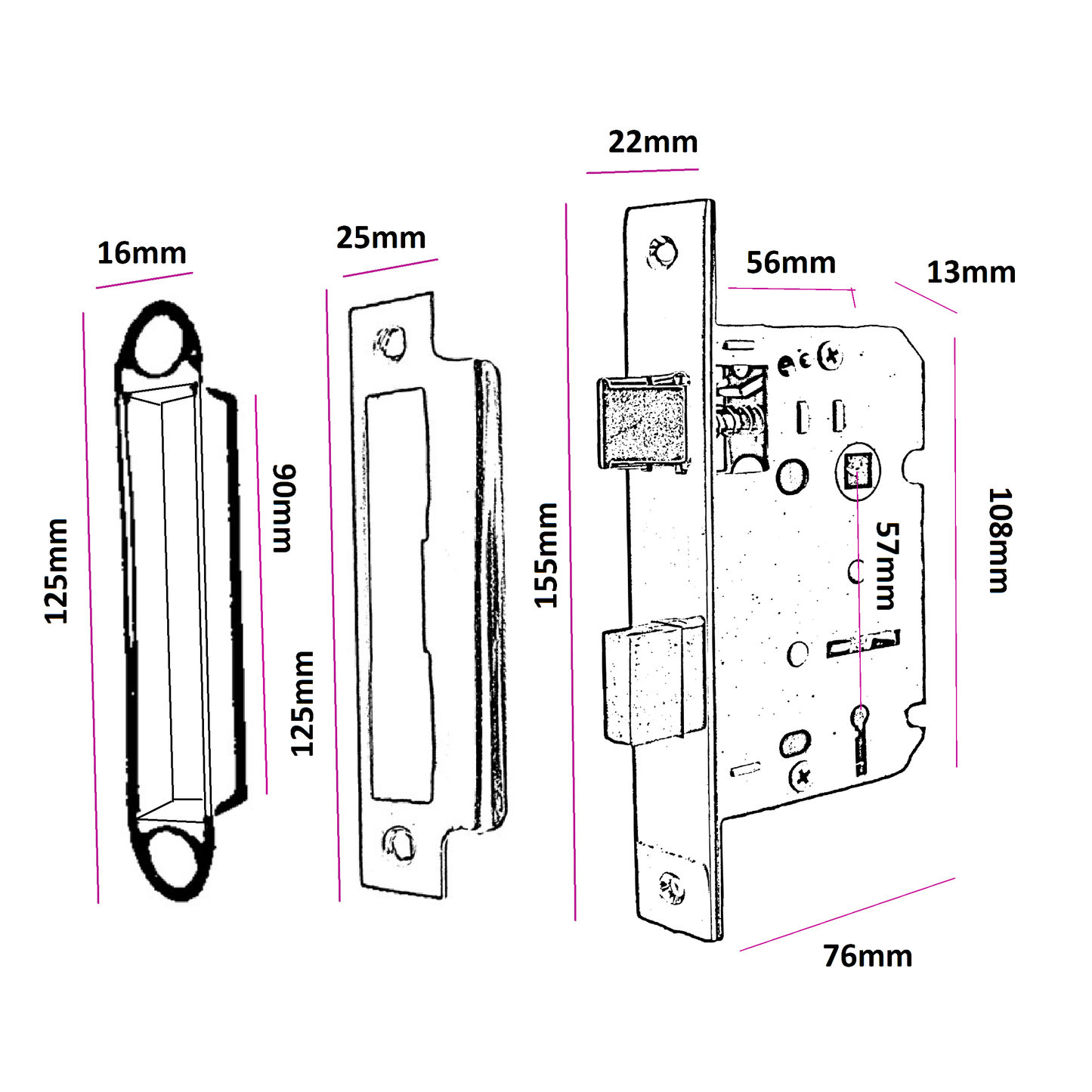 3 Lever Mortice Nickel Sash Lock Key 3" 76mm Bolt Through Reversible Bathroom Handle Locks