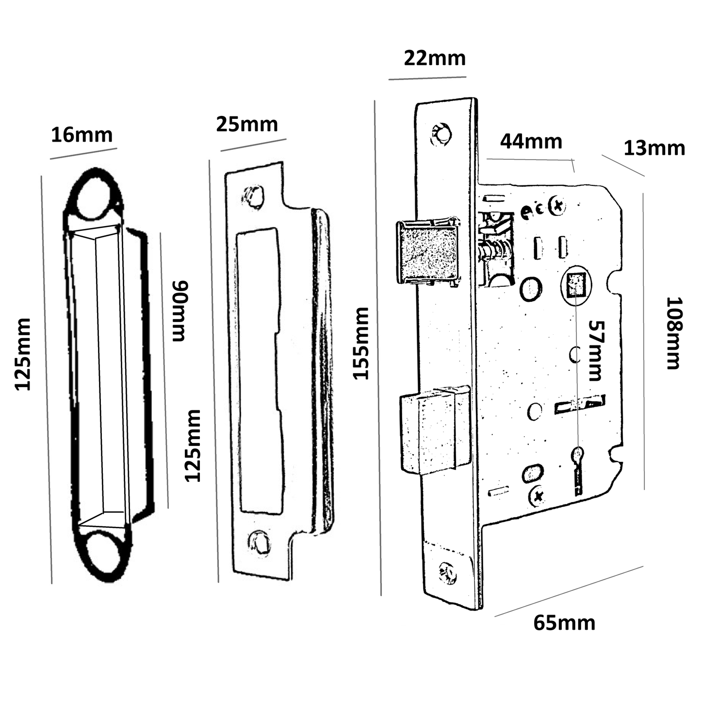 3 Lever Mortice Brass Sash Lock Key 2.5" 64mm Bolt Through Reversable Bathroom Handle Locks