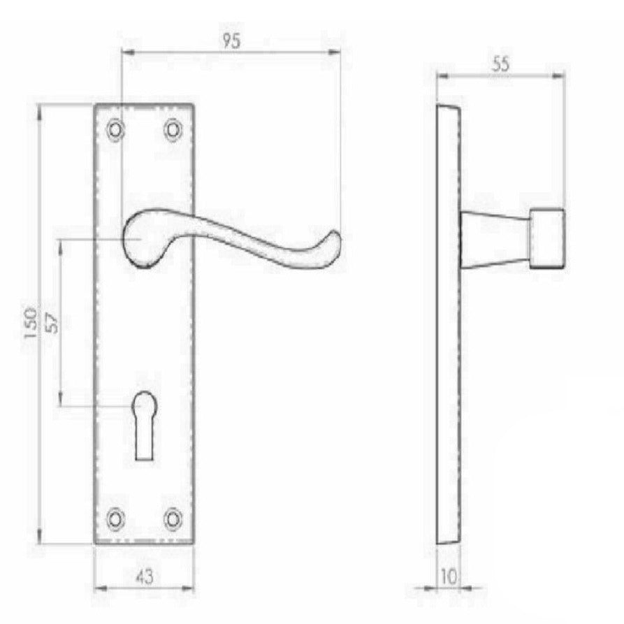 Poignées de porte victoriennes à levier et serrure à volutes - Noir mat 150 x 40 mm