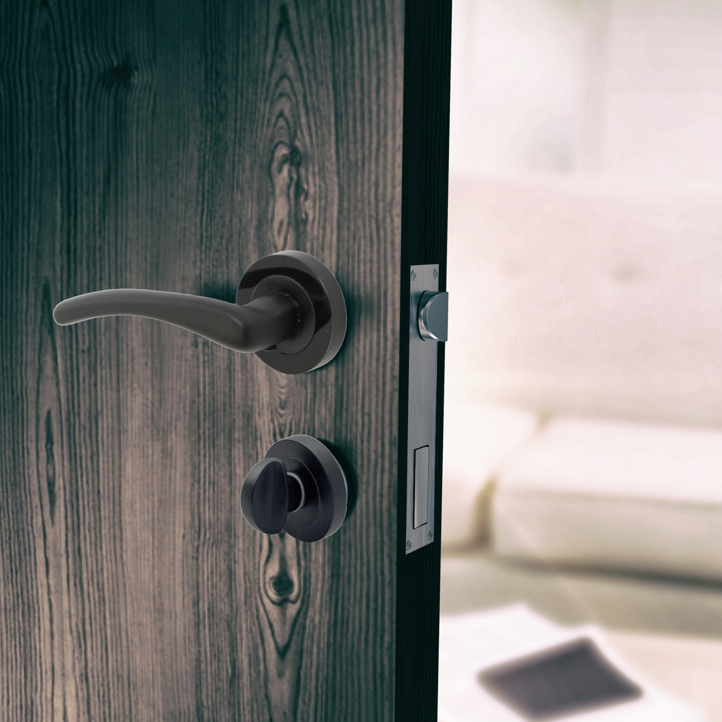 Zena Door Handle Bathroom Thumbturn Modern Matt Black Lever on Nickel Rose Internal