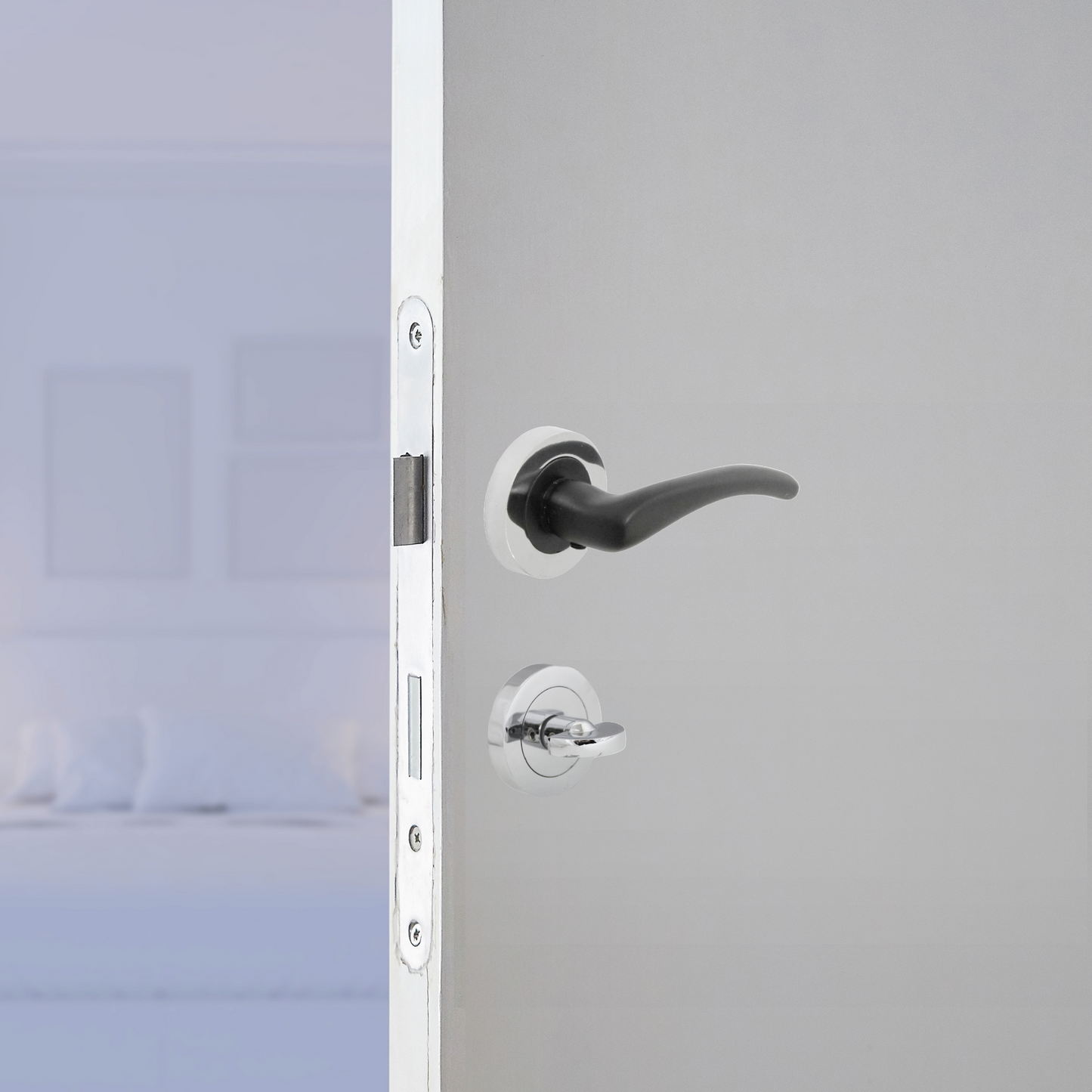 Zena Door Handle Bathroom Set Modern Matt Black Lever Chrome Rose Internal Thumbturn