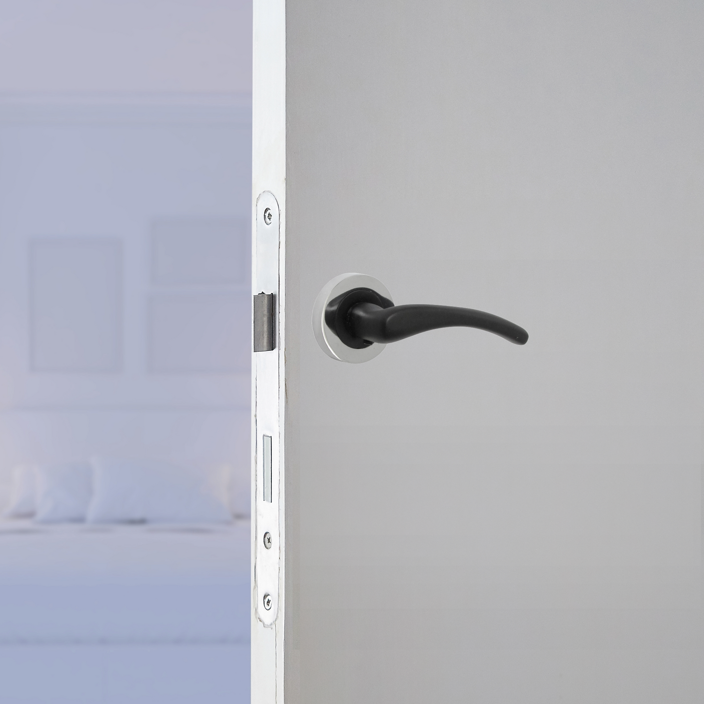 Zena Door Handle Modern Design Matt Black Lever on Chrome Rose Internal Latch Handles