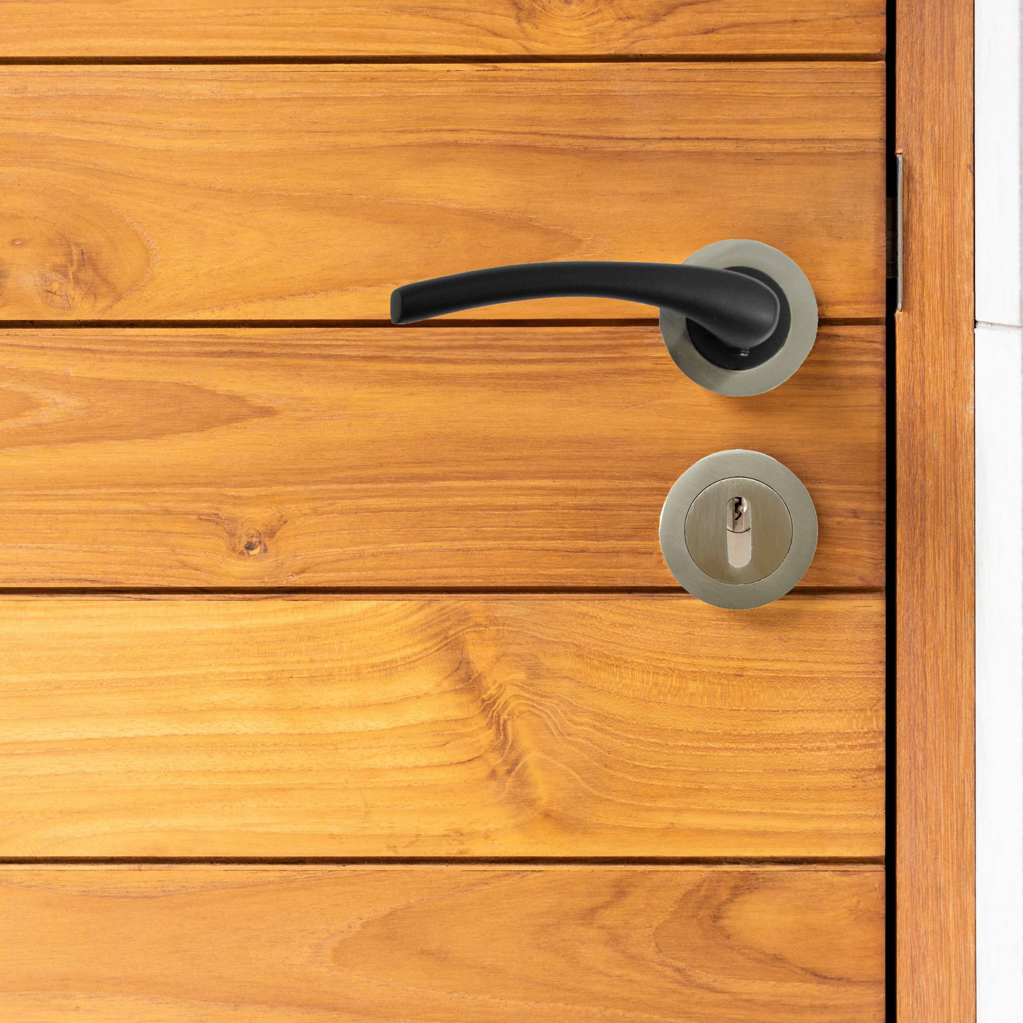 Zena Door Handle Escutcheon Lock Modern Matt Black Lever Satin Rose Internal