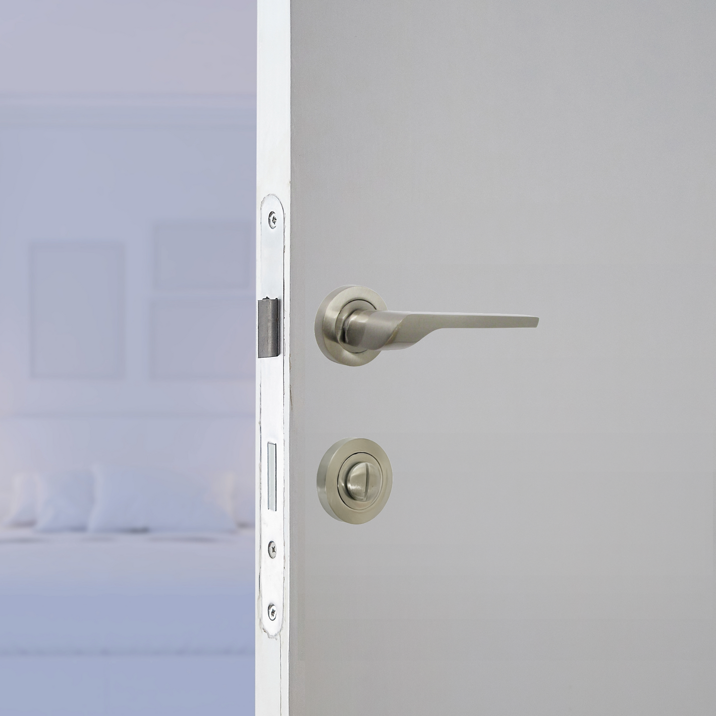 UNO-2 Door Handle Bathroom Set Modern Satin Nickel Lever on Rose Internal Thumbturn Pack
