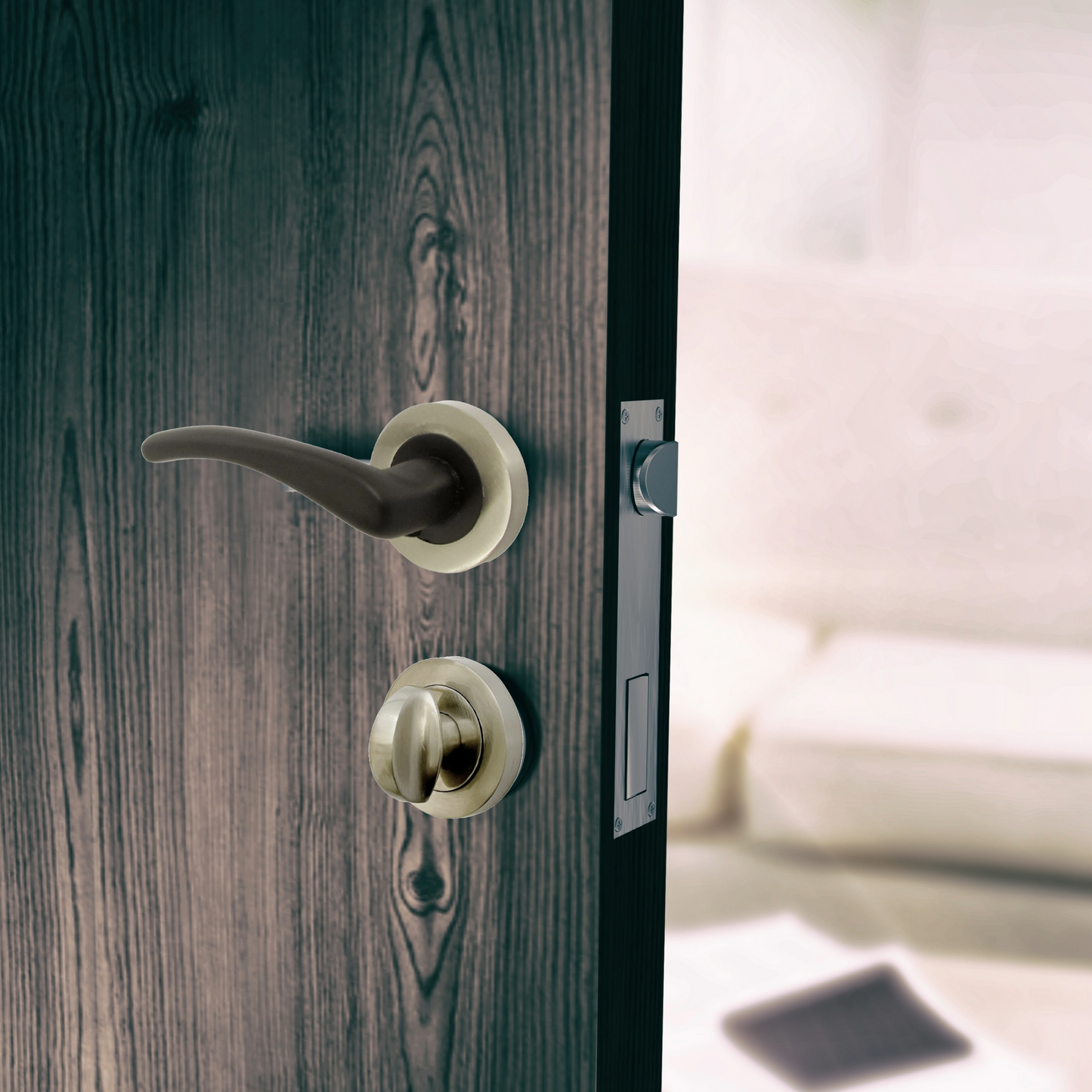 Zena Door Handle Bathroom Set Modern Matt Black Lever on Satin Rose Internal Thumbturn