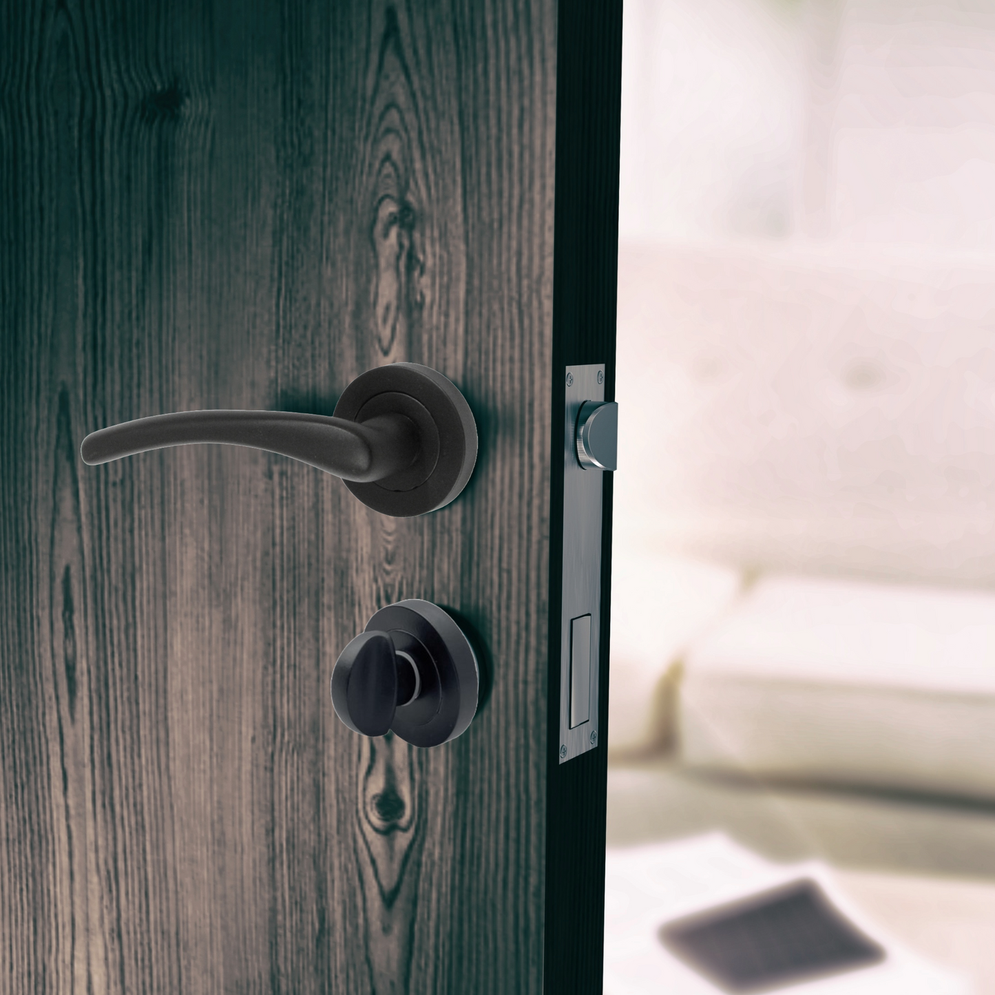 Zena Door Handle Bathroom Thumbturn Modern Design Matt Black Lever on Rose Internal