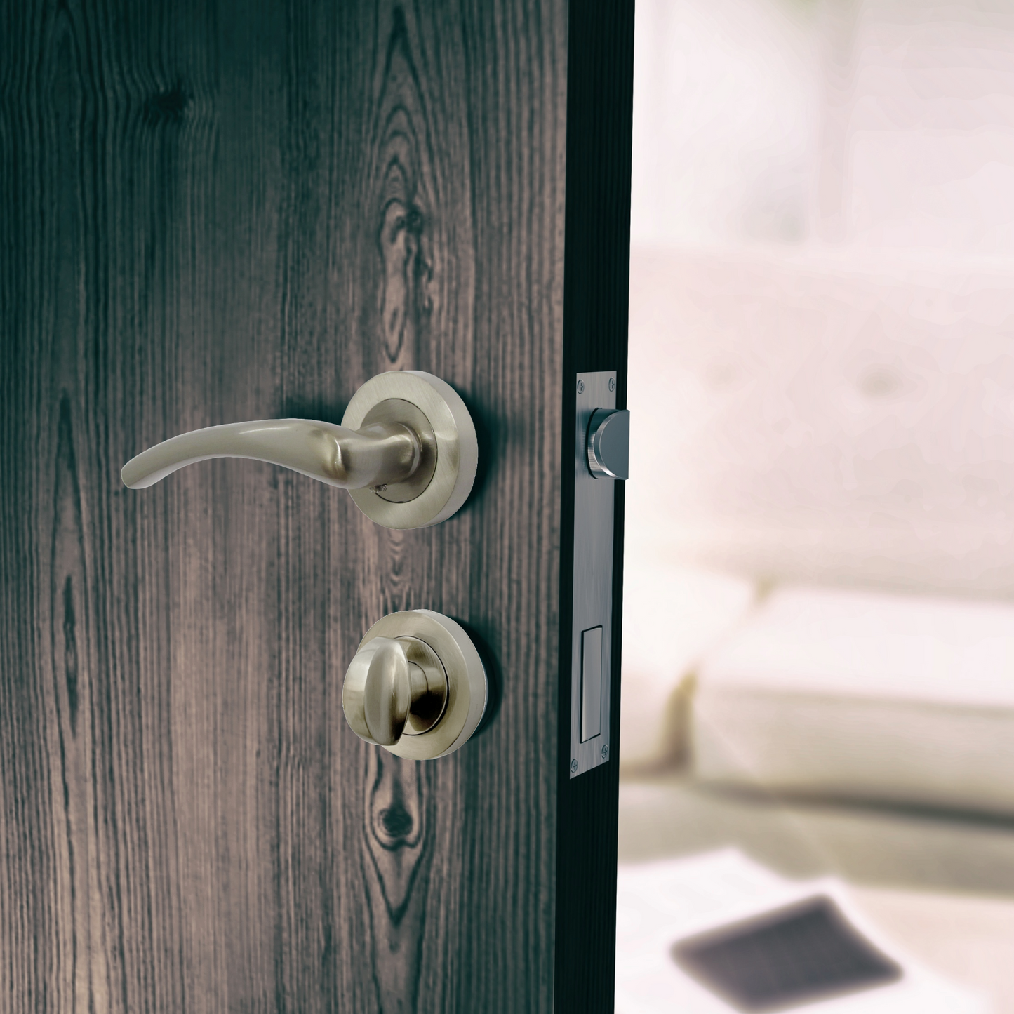 Zena Door Handle Thumbturn Bathroom Modern Satin Nickel Lever on Rose Internal