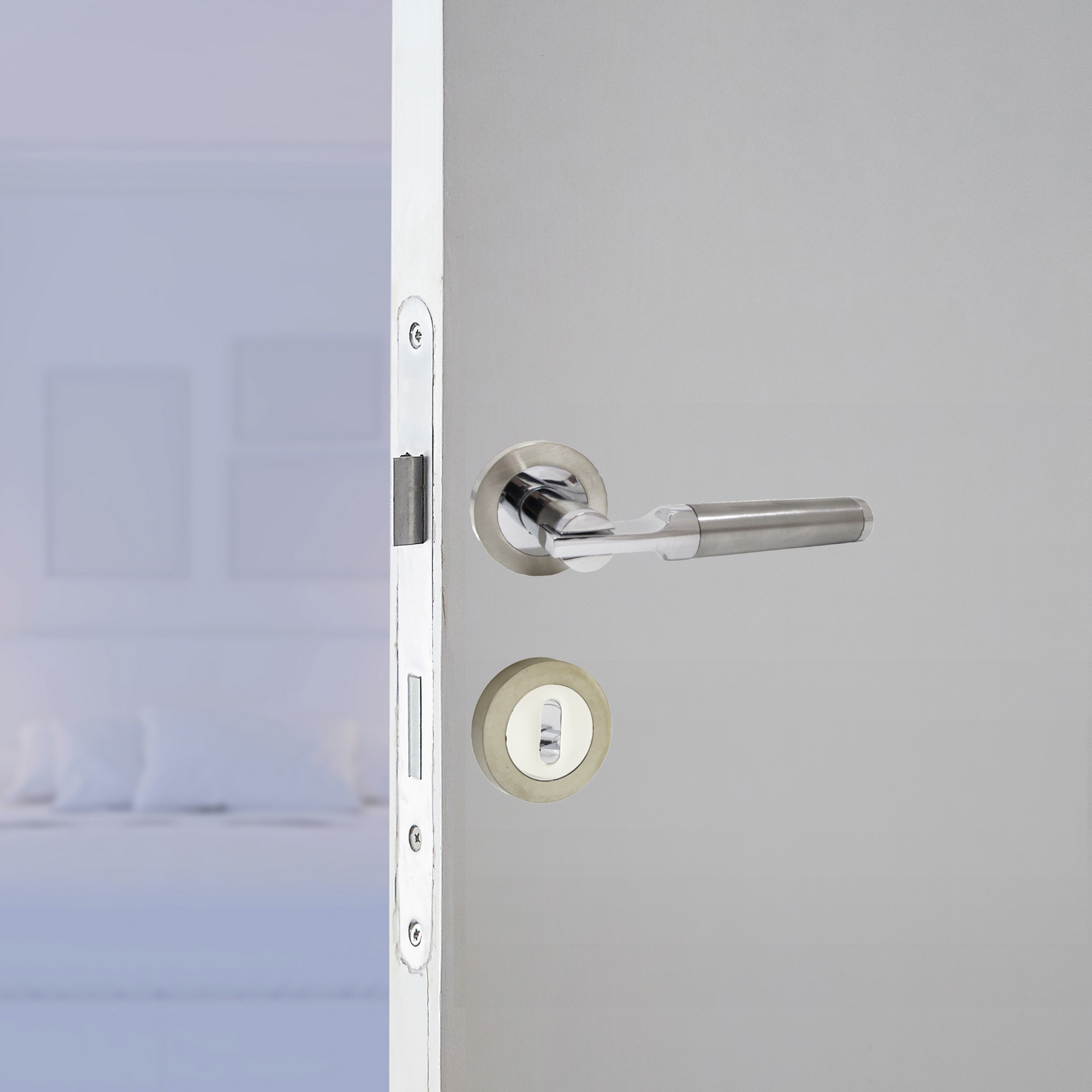 Electra Door Handles Latch Lever on Rose Duo - Chrome Satin Escutcheon Lock Pack 140mm