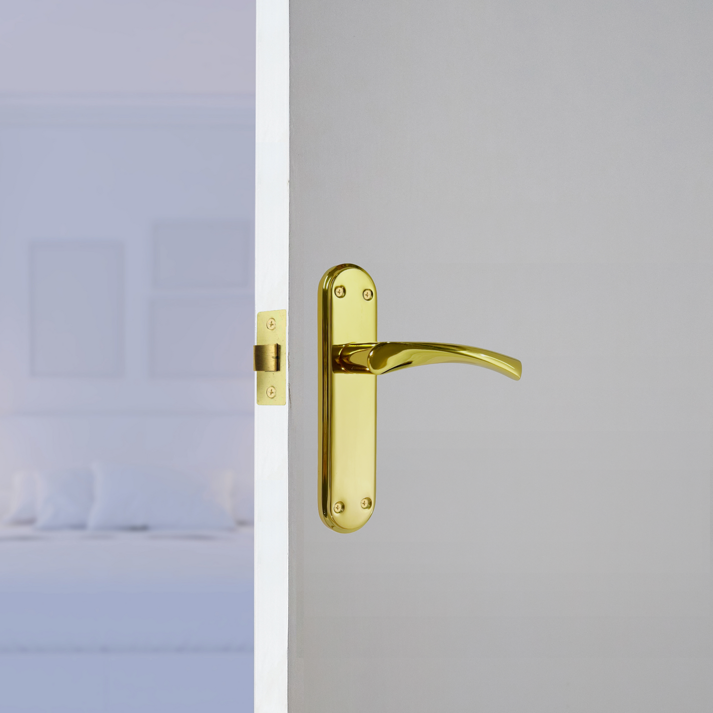 Genova Door Handles Polished Brass Twist Lever Latch on Modern Marina Backplate