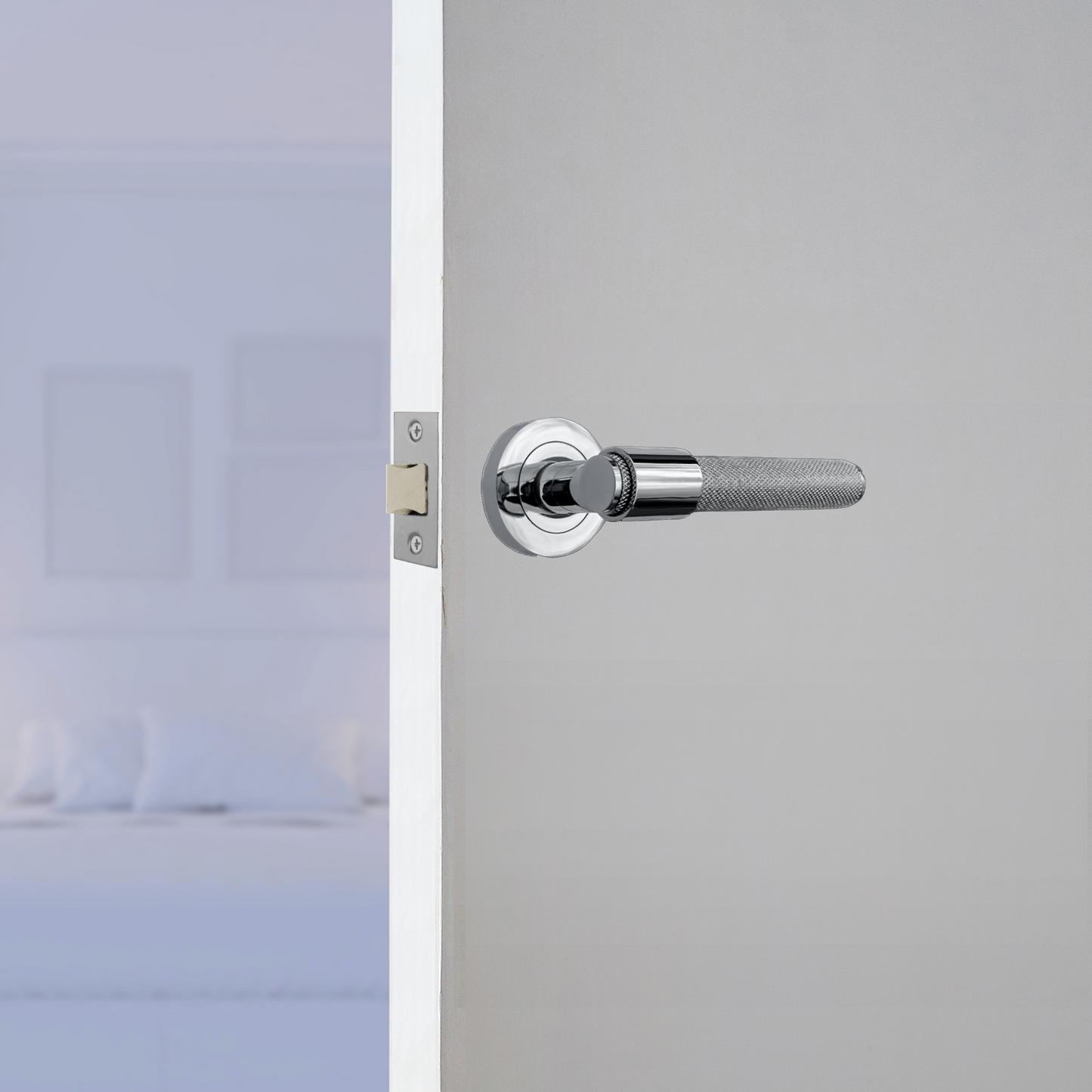 Knurled Door Handles Polished Chrome Loop & Neck Lever on Round Rose Latch Handle Luxe