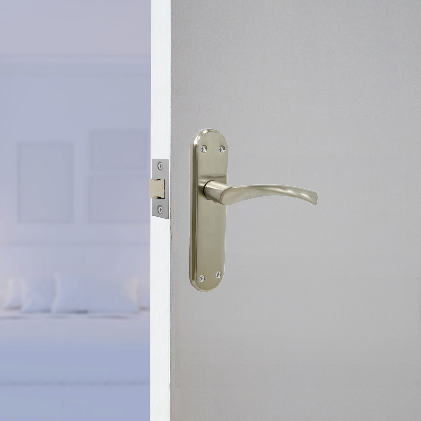 Genova Door Handles Satin Twist Lever Latch on Modern Marina Backplate