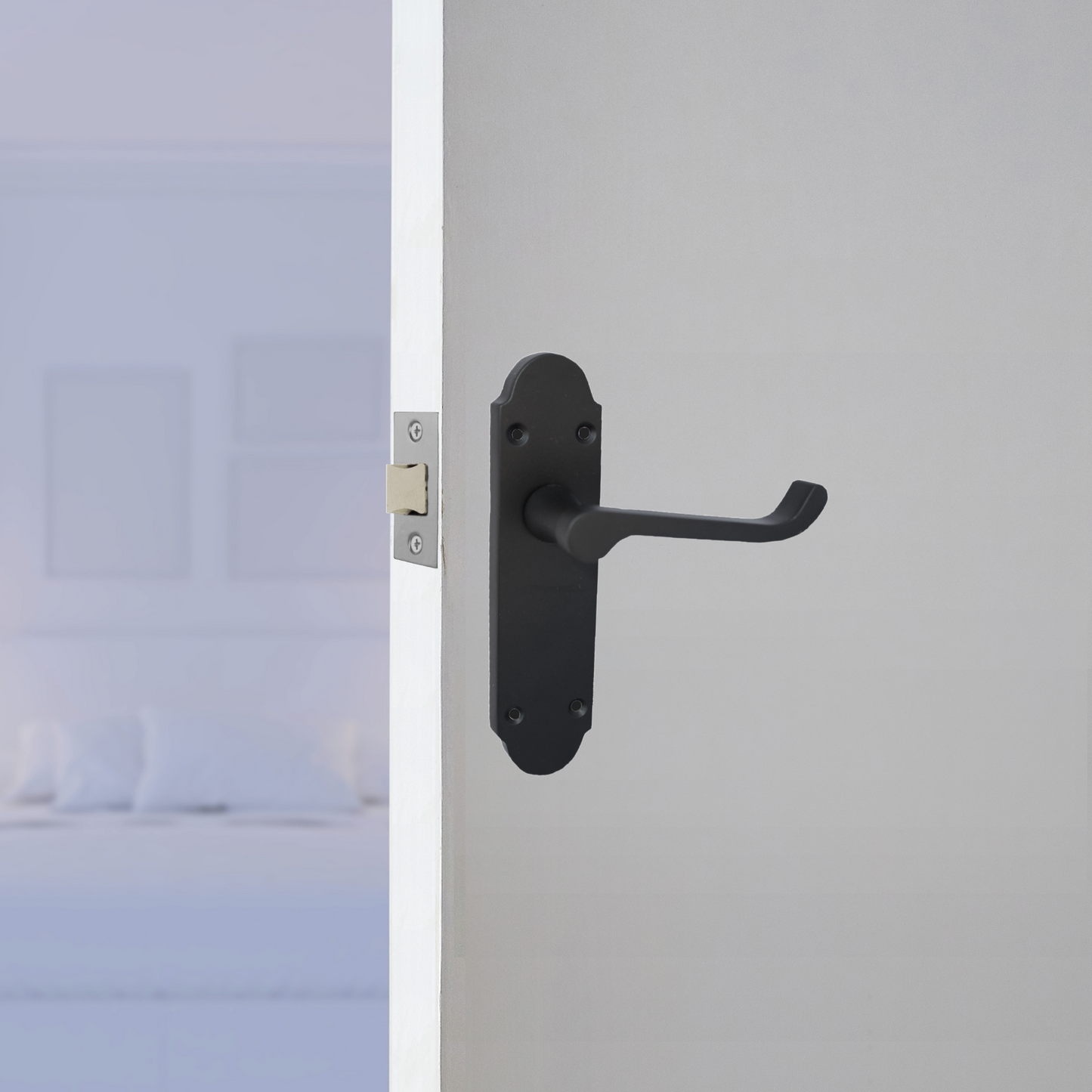 Epsom Door Handle Latch Victorian Scroll Lever - Matt Black Chrome Pack Hinges