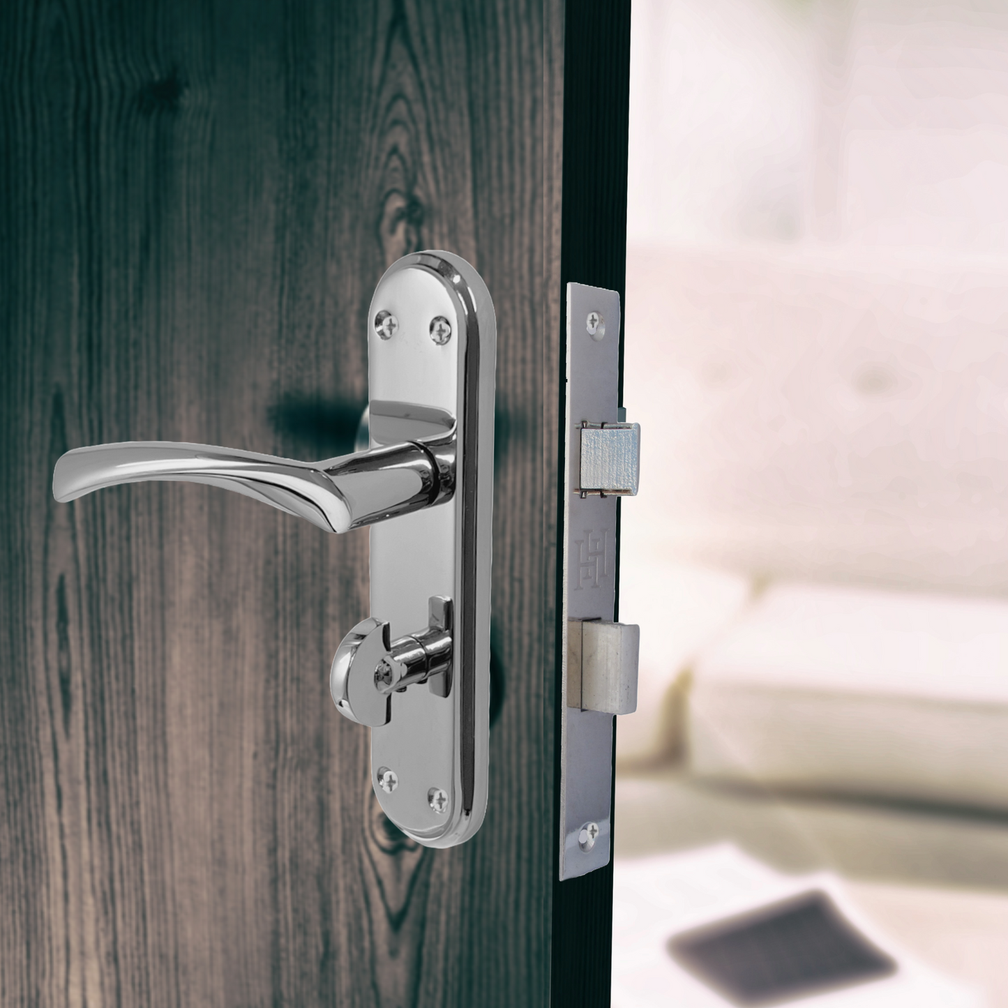 Genova Door Handles Polished Chrome Twist Lever Bathroom Lock on Modern Marina Backplate