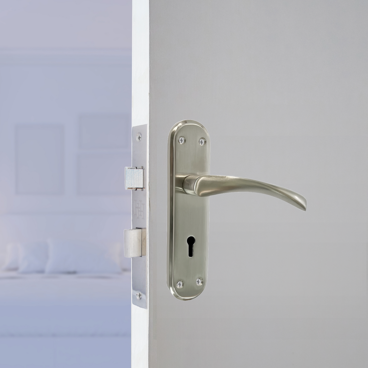 Genova Door Handles Satin Twist Lever Lock on Modern Marina Backplate