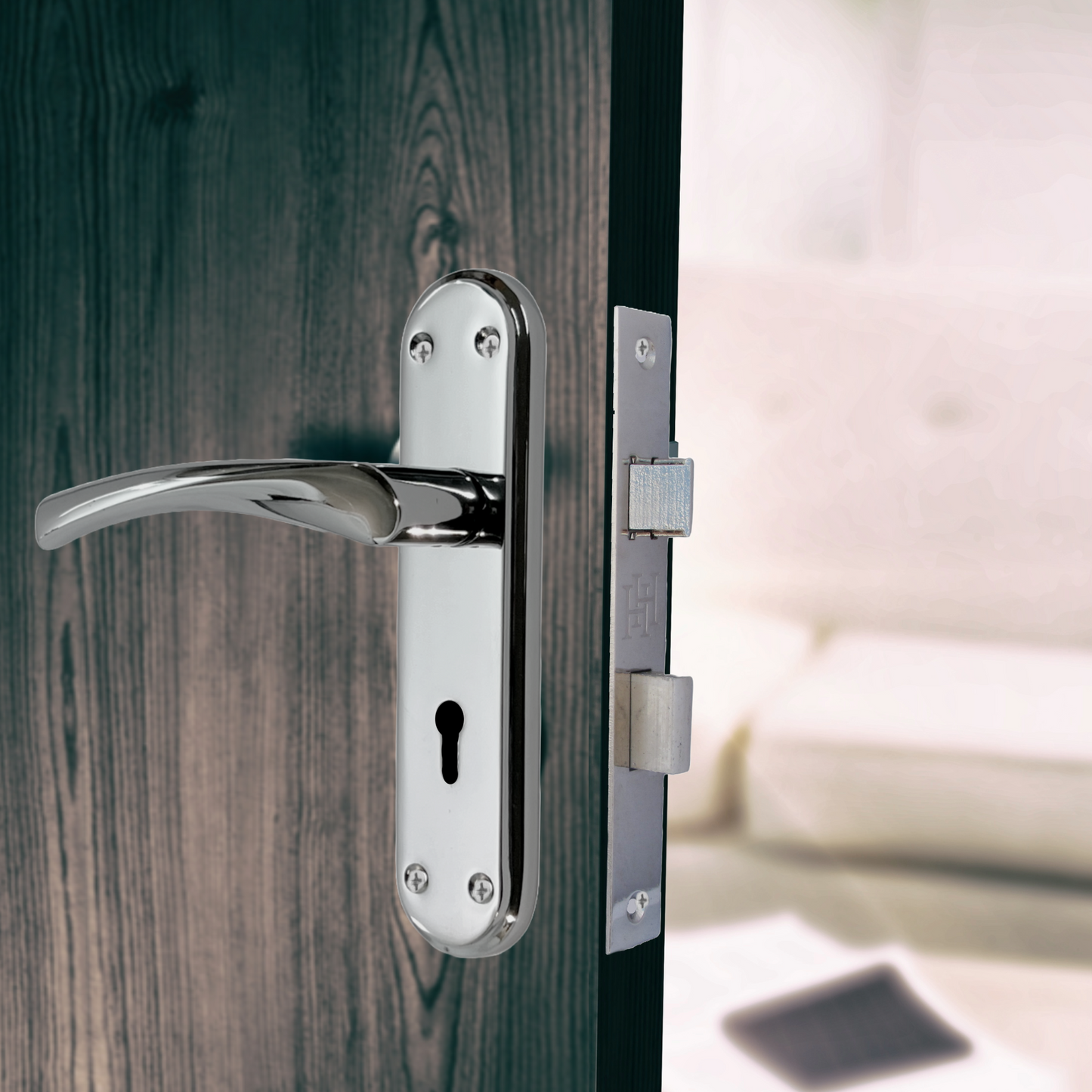 Genova Door Handles Polished Chrome Twist Lever Lock on Modern Marina Backplate