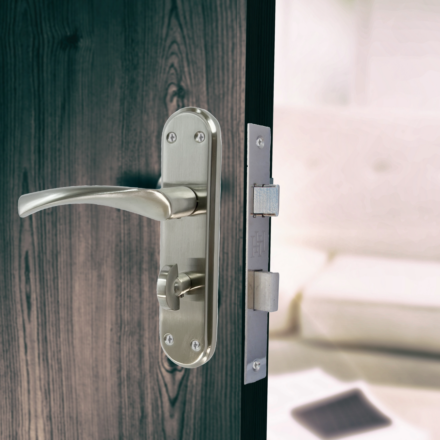 Genova Door Handles Satin Twist Lever Bathroom Lock on Modern Marina Backplate
