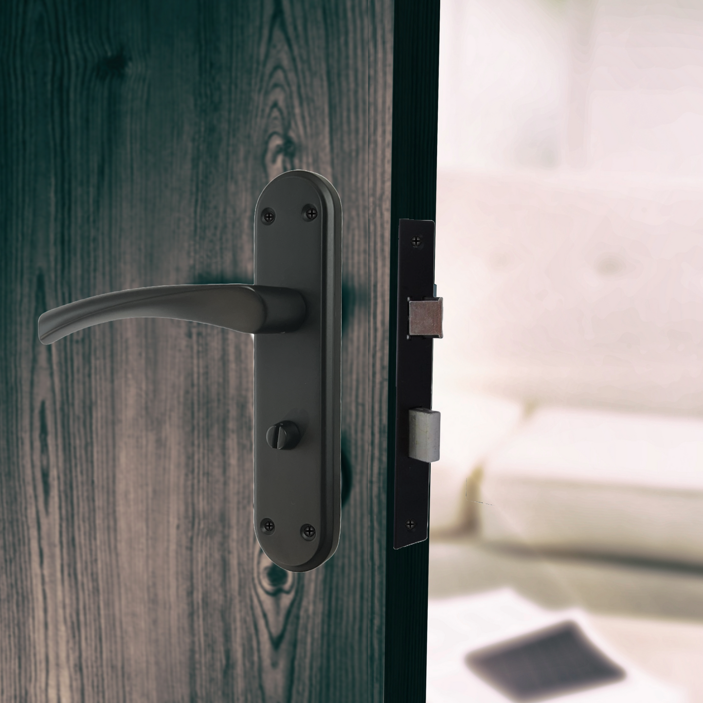 Genova Door Handles Matt Black Twist Lever Bathroom Lock on Modern Marina Backplate