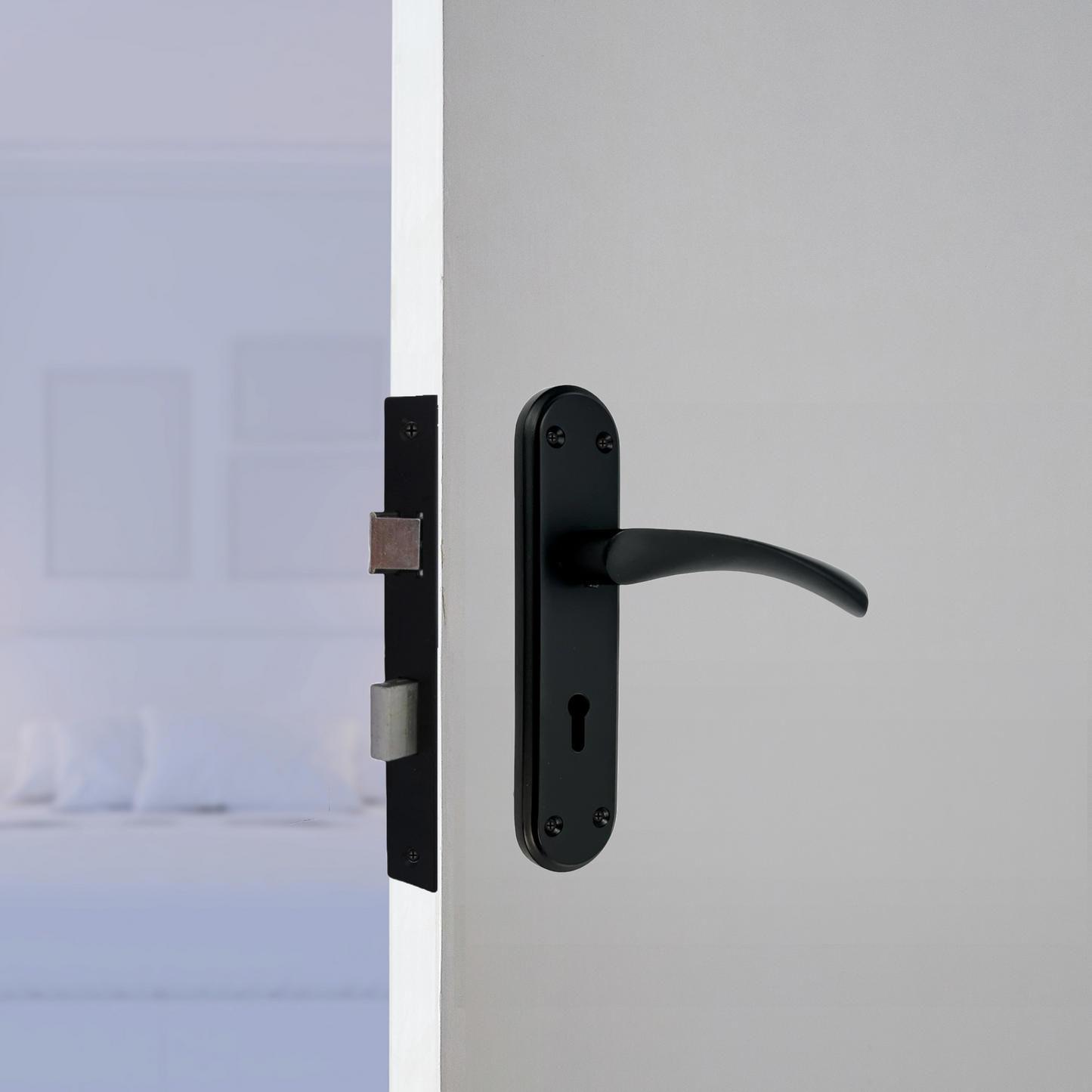 Genova Door Handles Matt Black Twist Lever Lock on Modern Marina Backplate