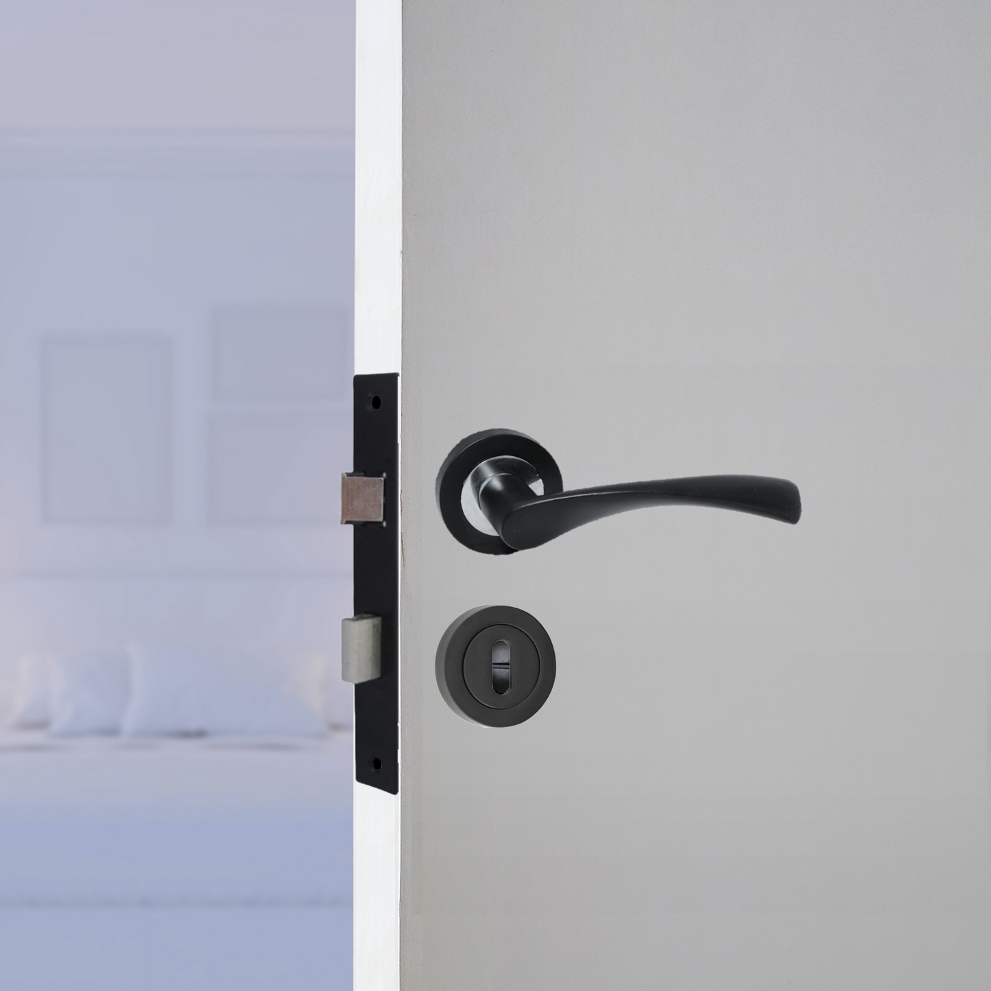 Astrid Door Handles Latch Twist Lever on Rose Duo - Matt Black Chrome Latch Hinges 120mm