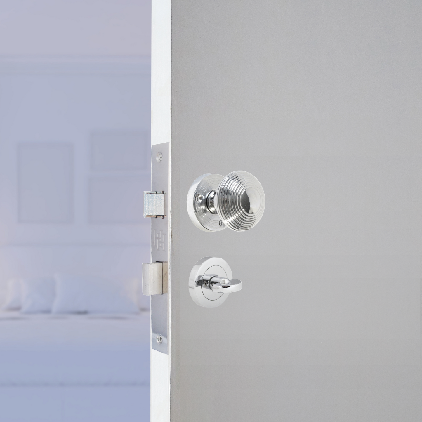 Boutons de porte à mortaise ronds cannelés - Serrure à bouton de salle de bain chromée 56 mm