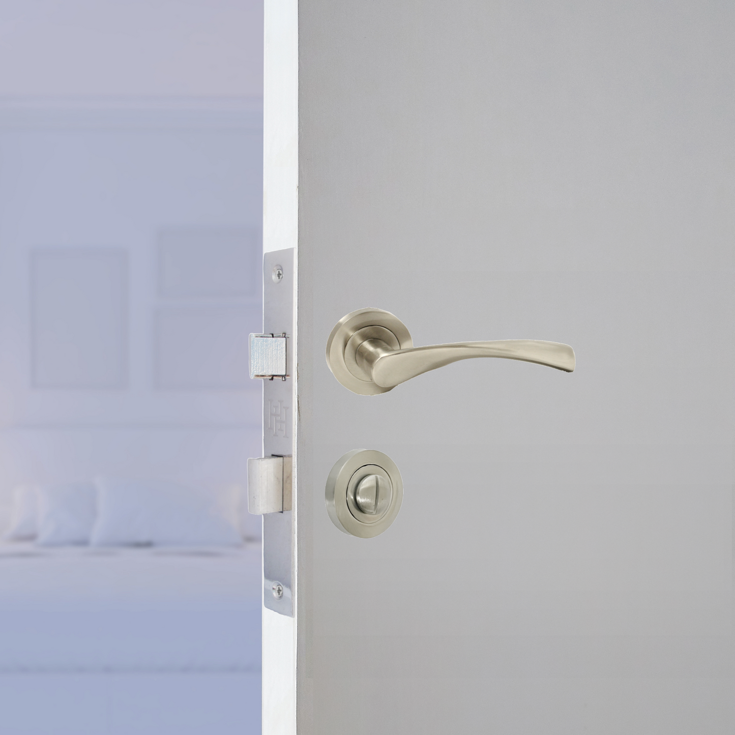 Astrid Door Handles Latch Twist Lever on Rose Satin Bathroom Thumbturn Lock 120mm
