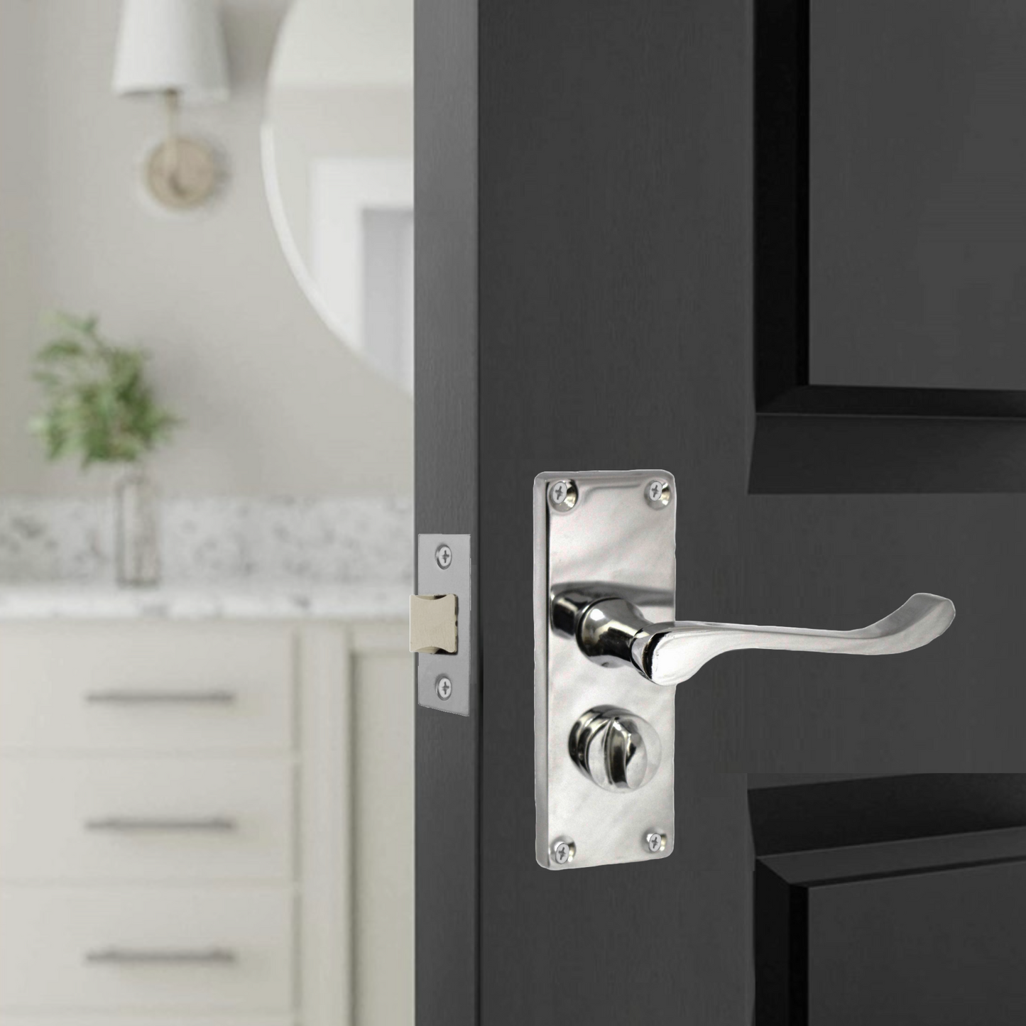 Poignées de porte à volutes pour salle de bain, WC, serrure de confidentialité - Chrome, 118 x 40 mm