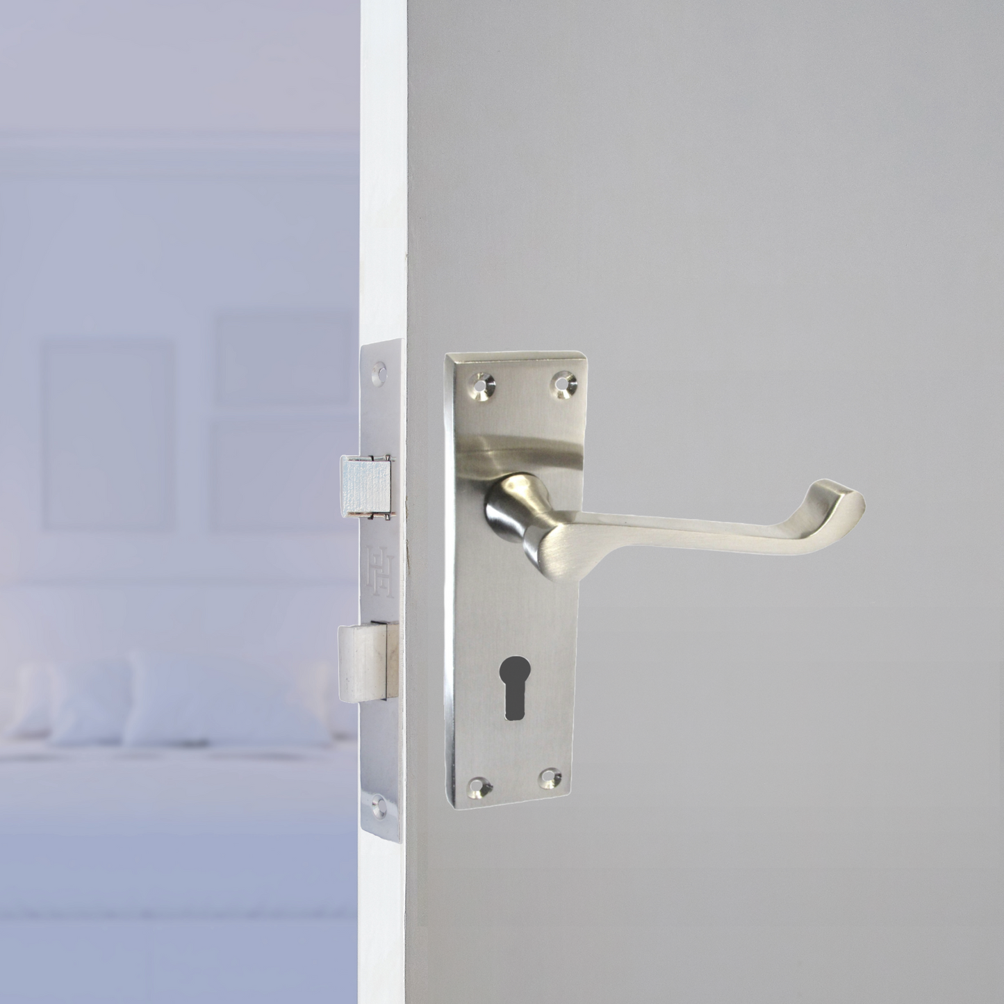 Poignées de porte victoriennes à levier et serrure à volutes - Charnières satinées 150 x 40 mm