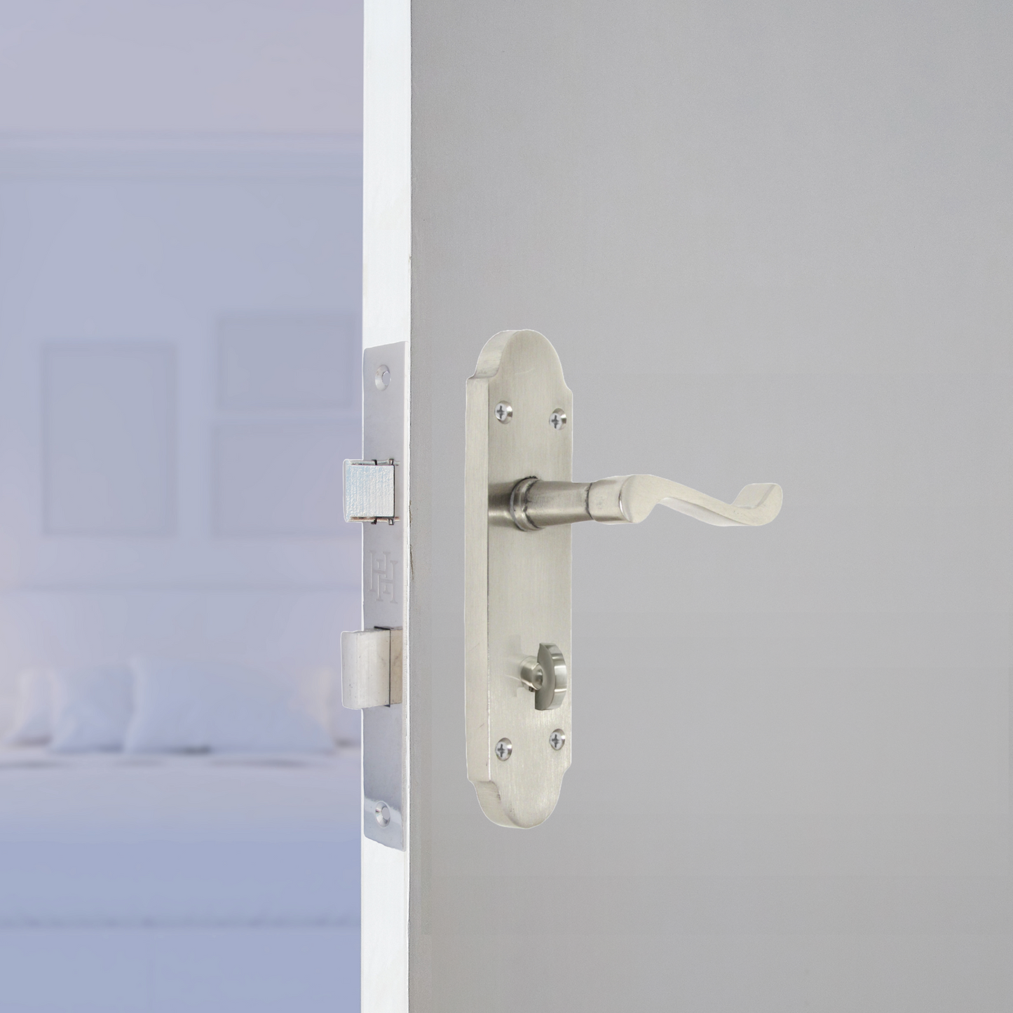 Epsom Door Handles Bathroom Lock Scroll Lever - Satin