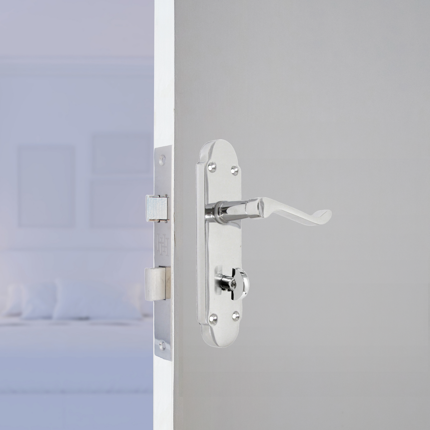 Epsom Door Handle Bathroom Lock Scroll Lever - Polished Chrome Pack