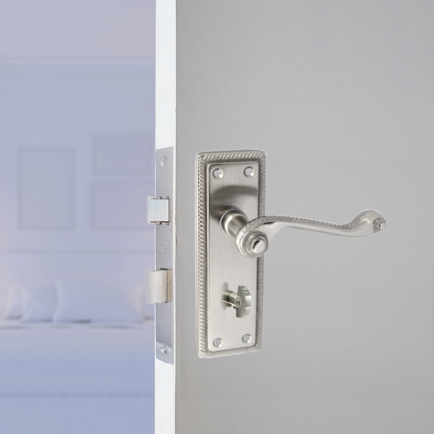 Door Handles Georgian Lever Bathroom Lock Roped Edge - Satin 150mm x 50mm