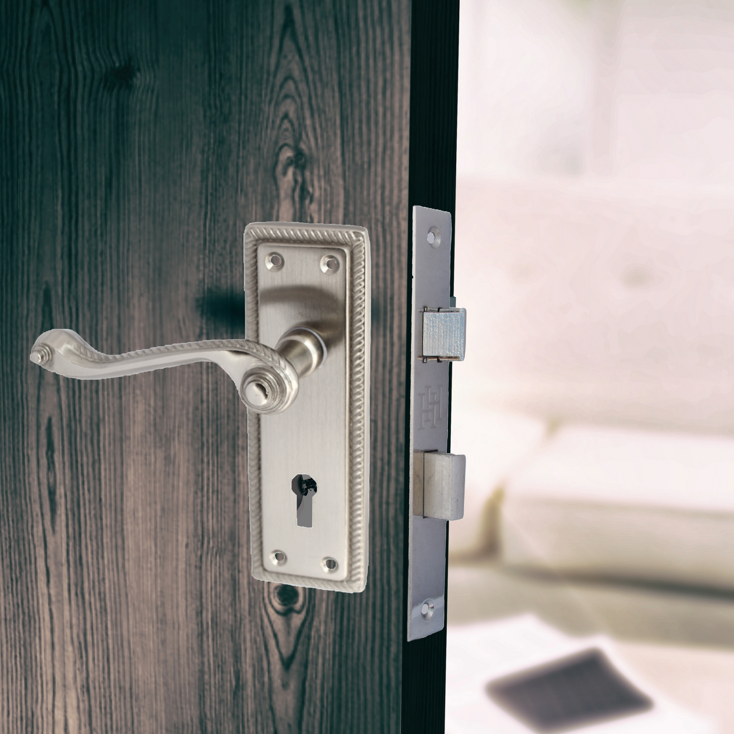 Door Handles Georgian Lever Lock Roped Edge - Satin 150mm x 50mm