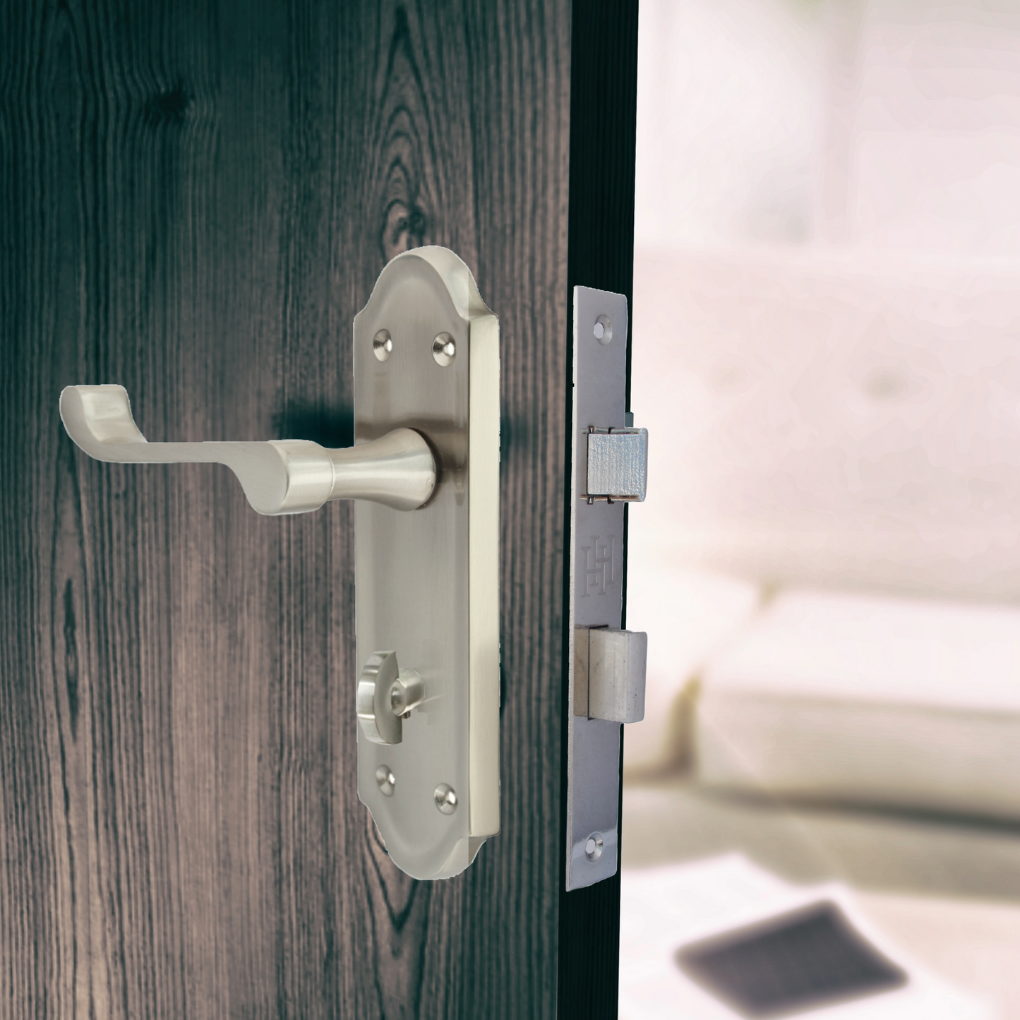 Ashford Door Handle Bathroom Lock Scroll Lever - Satin Bath Pack