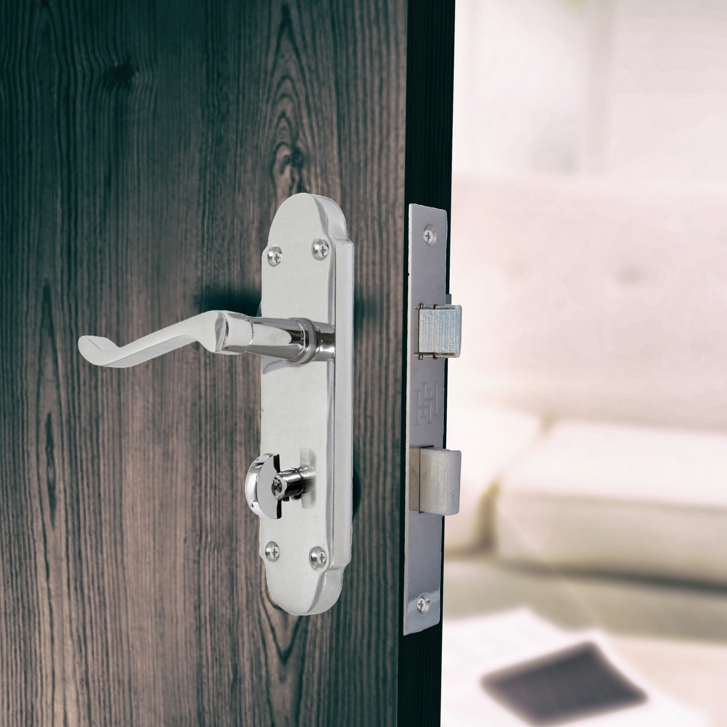 Epsom Door Handle Bathroom Lock Scroll Lever - Polished Chrome Pack