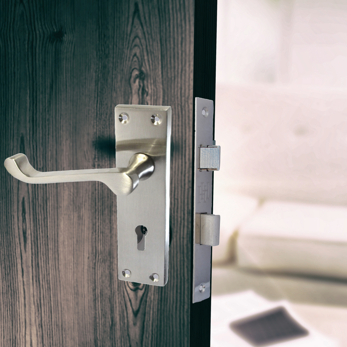 Poignées de porte victoriennes à levier et serrure à volutes - Satin 150 x 40 mm