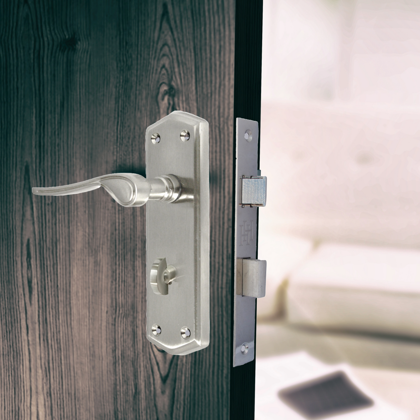 Door Handle SATIN Stellar Bathroom Handle Shaped Backplate + Bath Lock