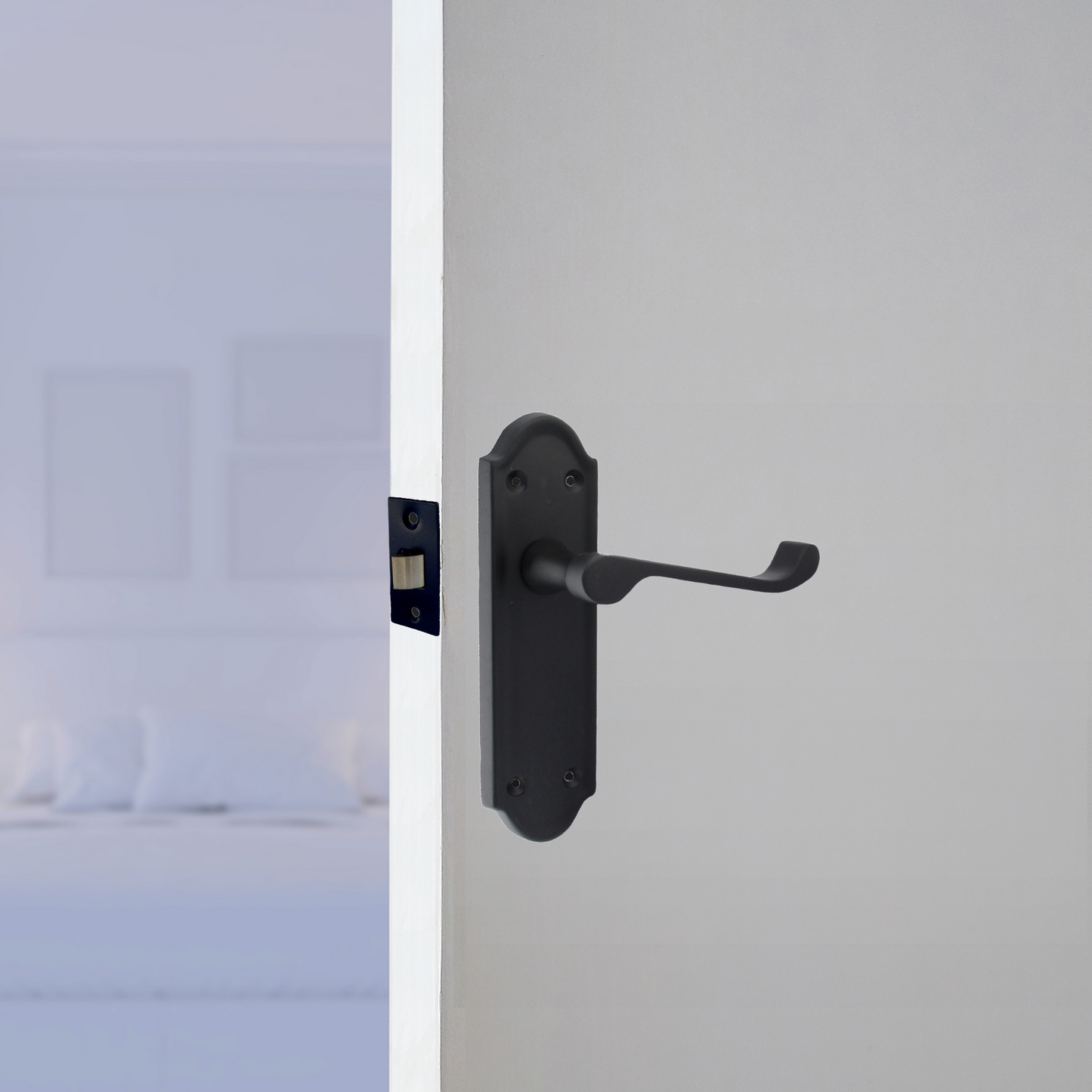 Ashford Door Handle Latch Scroll Lever - Matt Black Latch Pack