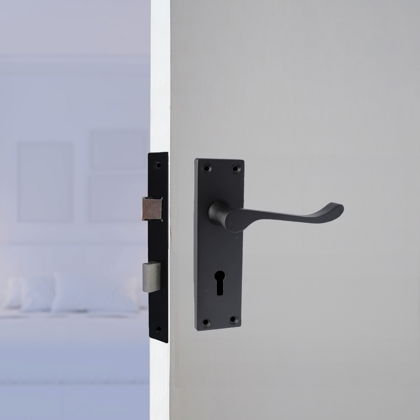 Poignées de porte victoriennes à levier et serrure à volutes - Noir mat 150 x 40 mm