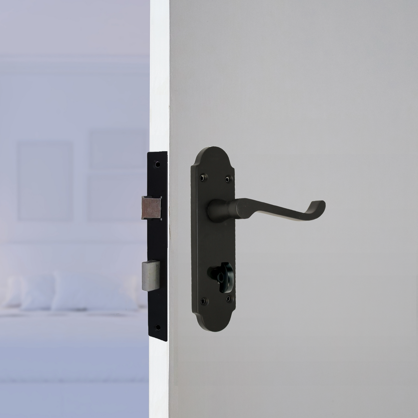 Epsom Door Handle Bathroom Lock Scroll Lever - Matt Black Pack