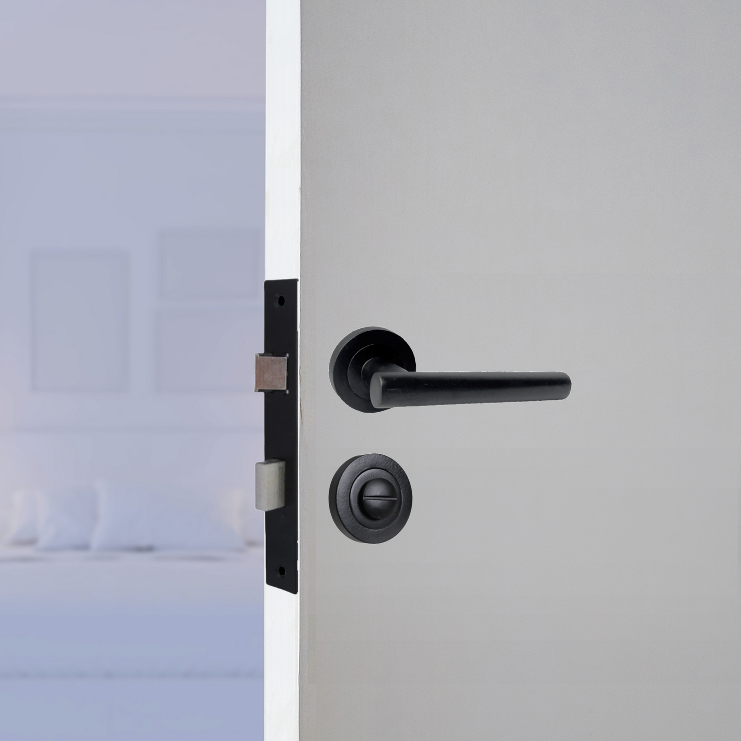 Door Handles T Bar Straight Lever on Rose Bath Thumb turn & Lock - Matt Black