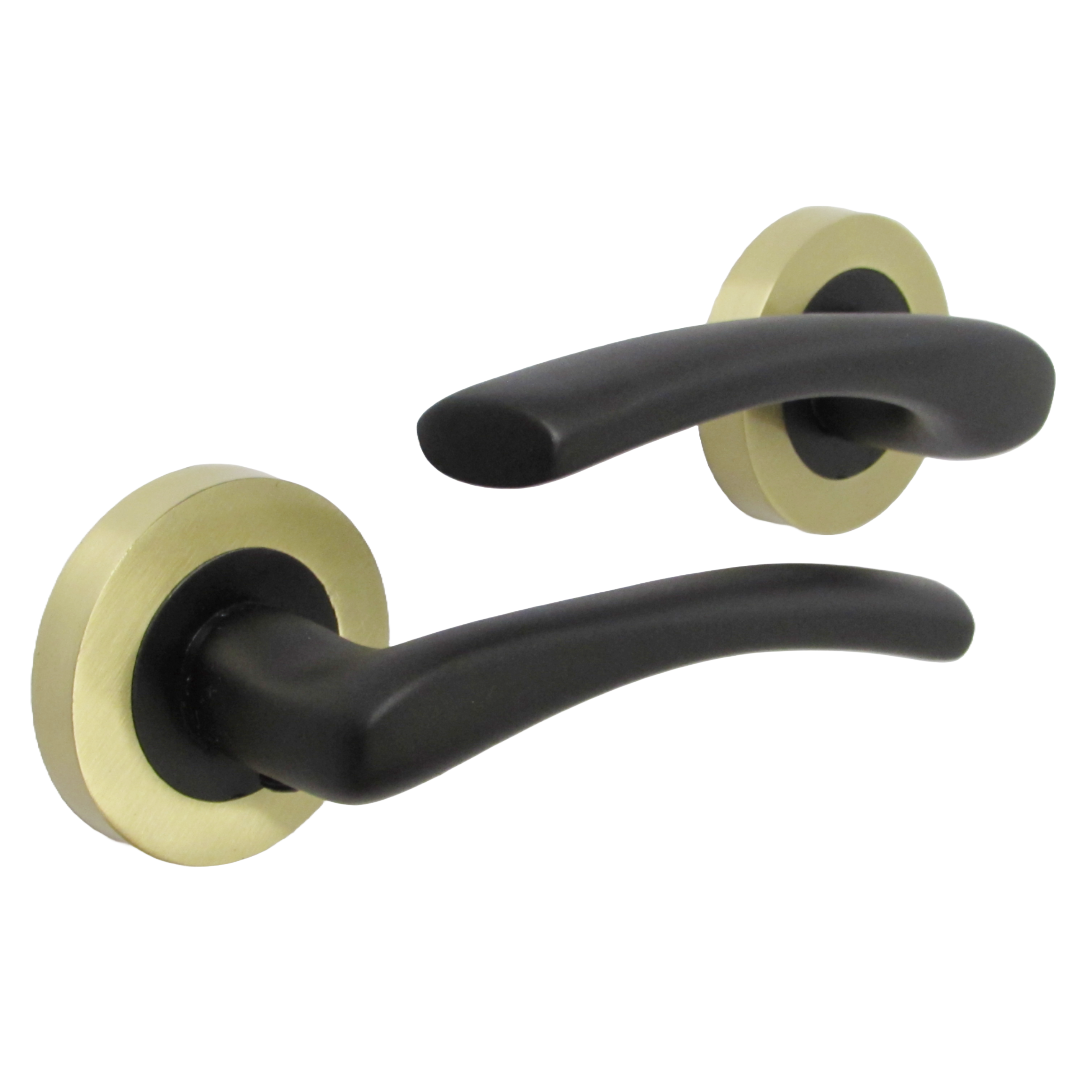 Zena Door Handle Modern Matt Black Lever on Satin Brass Rose Internal + Latch