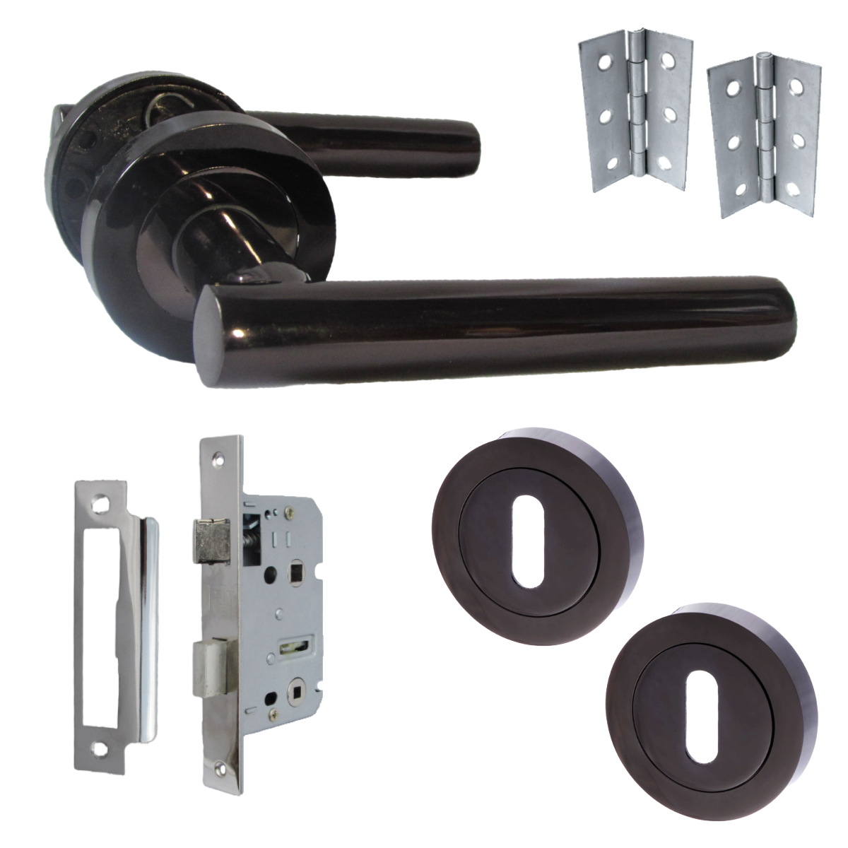 Door Handles T Bar Straight Lever on Rose Escutcheon & Lock & Hinges - Black Nickel