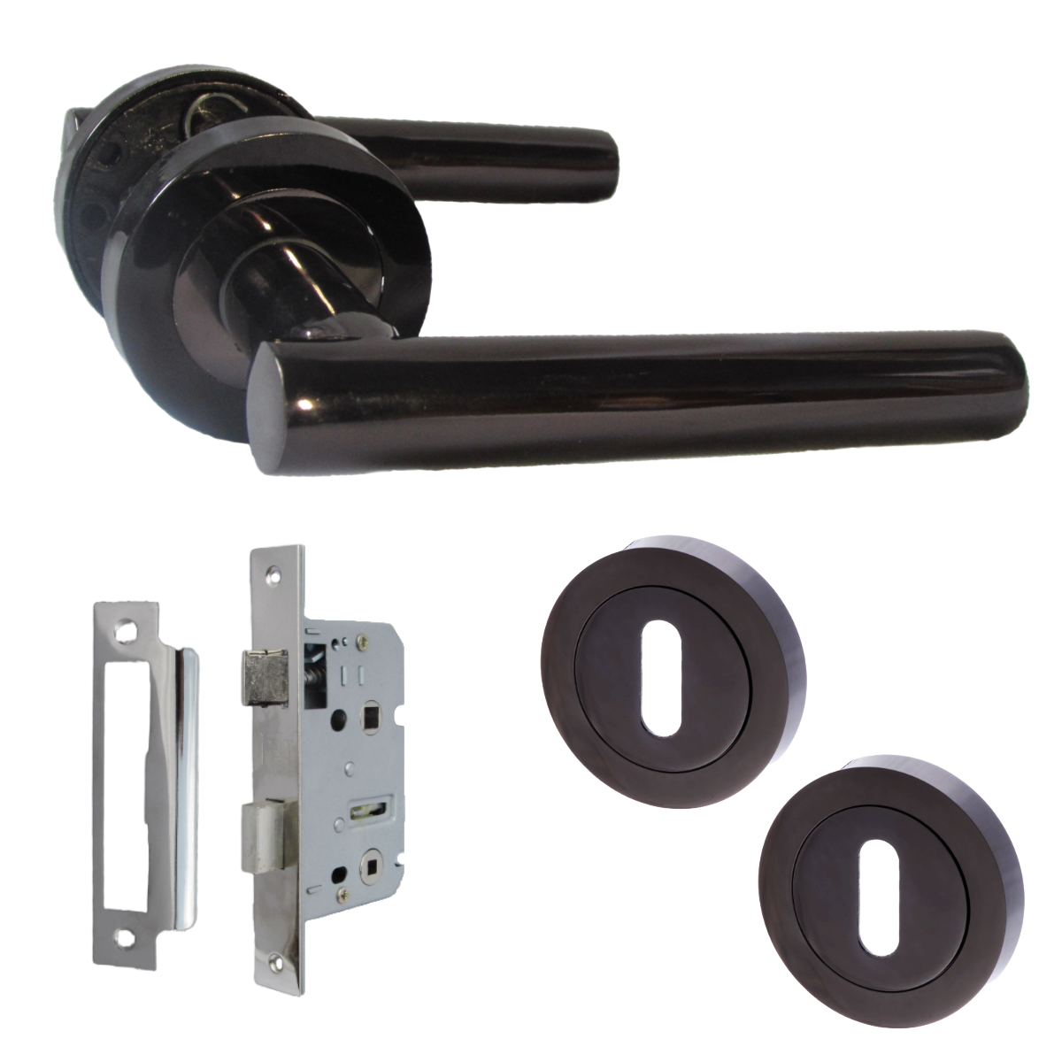 Door Handles T Bar Straight Lever on Rose Escutcheon & Lock - Black Nickel