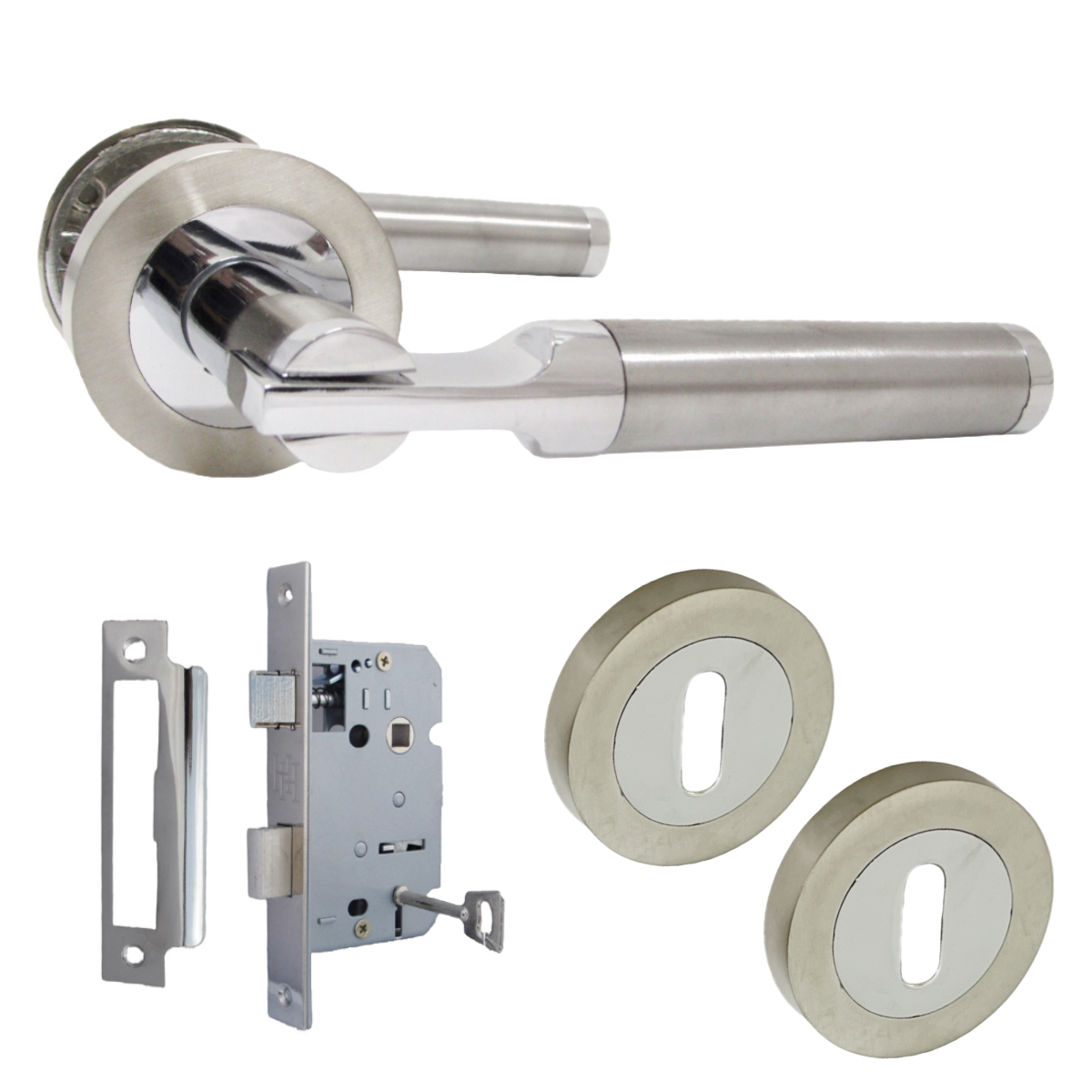 Electra Door Handles Latch Lever on Rose Duo - Chrome Satin Escutcheon Lock Pack 140mm
