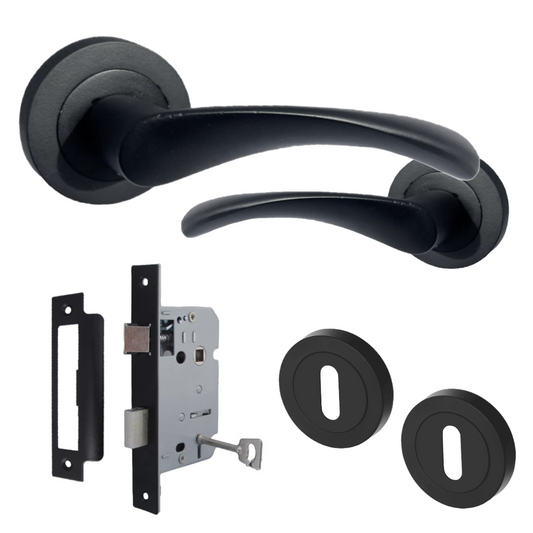 Astrid Door Handles Latch Twist Lever on Rose Matt Black Escutcheon Key Lock 120mm