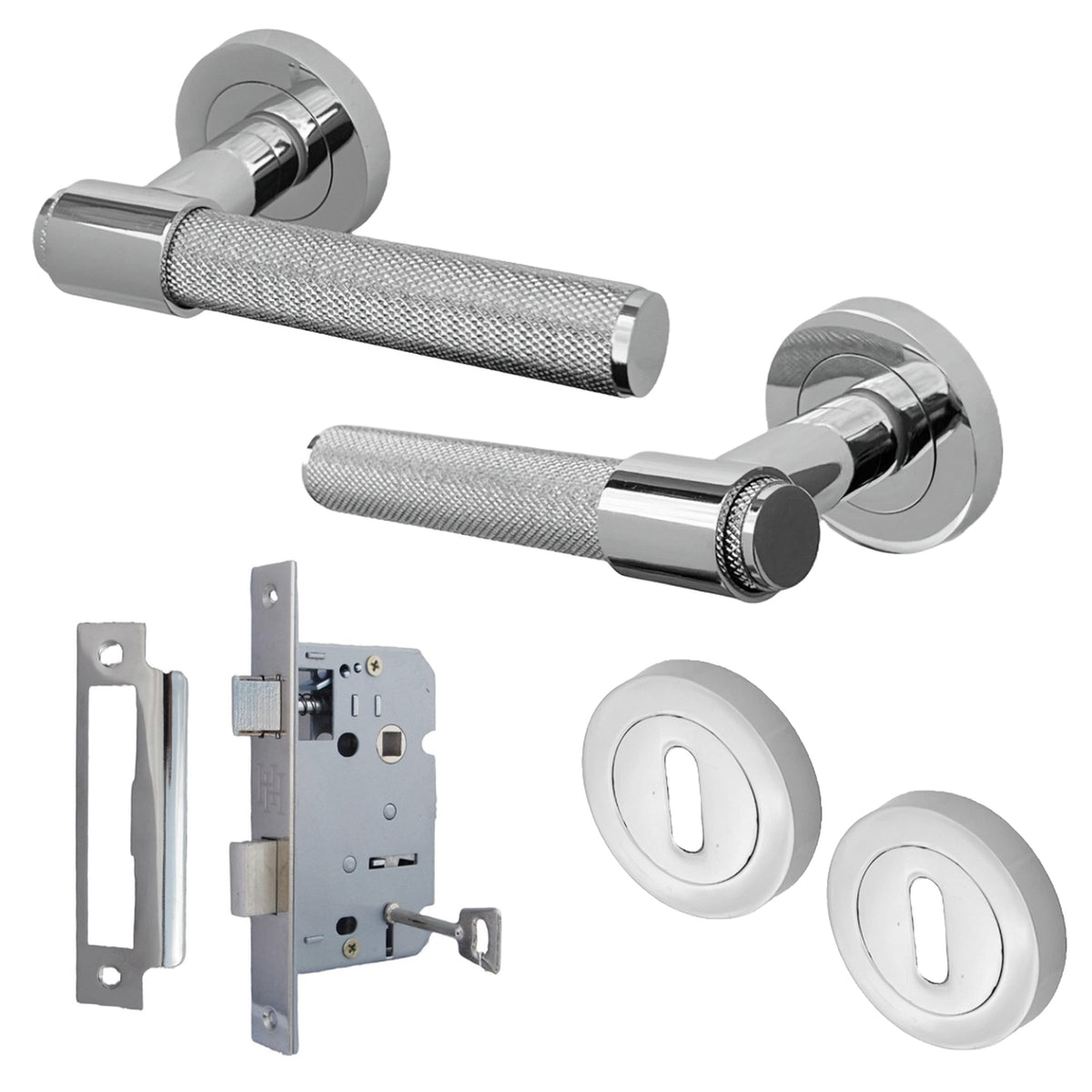 Marketplace JPG companion for Knurled Door Handles Chrome Loop & Neck Lever on Rose Key Lock Set
