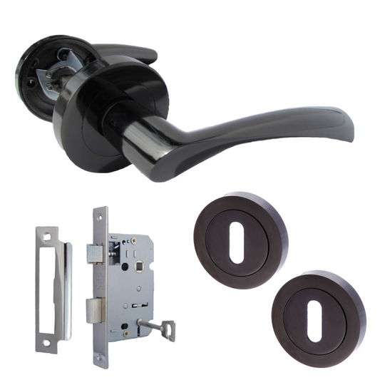 Astrid Door Handles Latch Twist Lever on Rose Black Nickel Escutcheon Key Lock 120mm