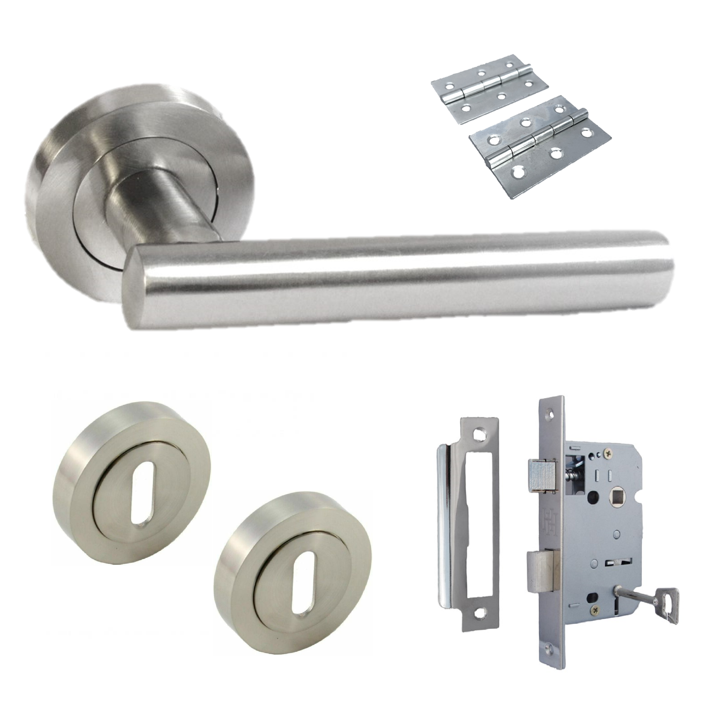 Door Handles T Bar Straight Lever on Rose Escutcheon Lock Key & Hinges - Satin