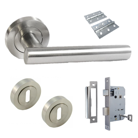 Door Handles T Bar Straight Lever on Rose Escutcheon Lock Key & Hinges - Satin